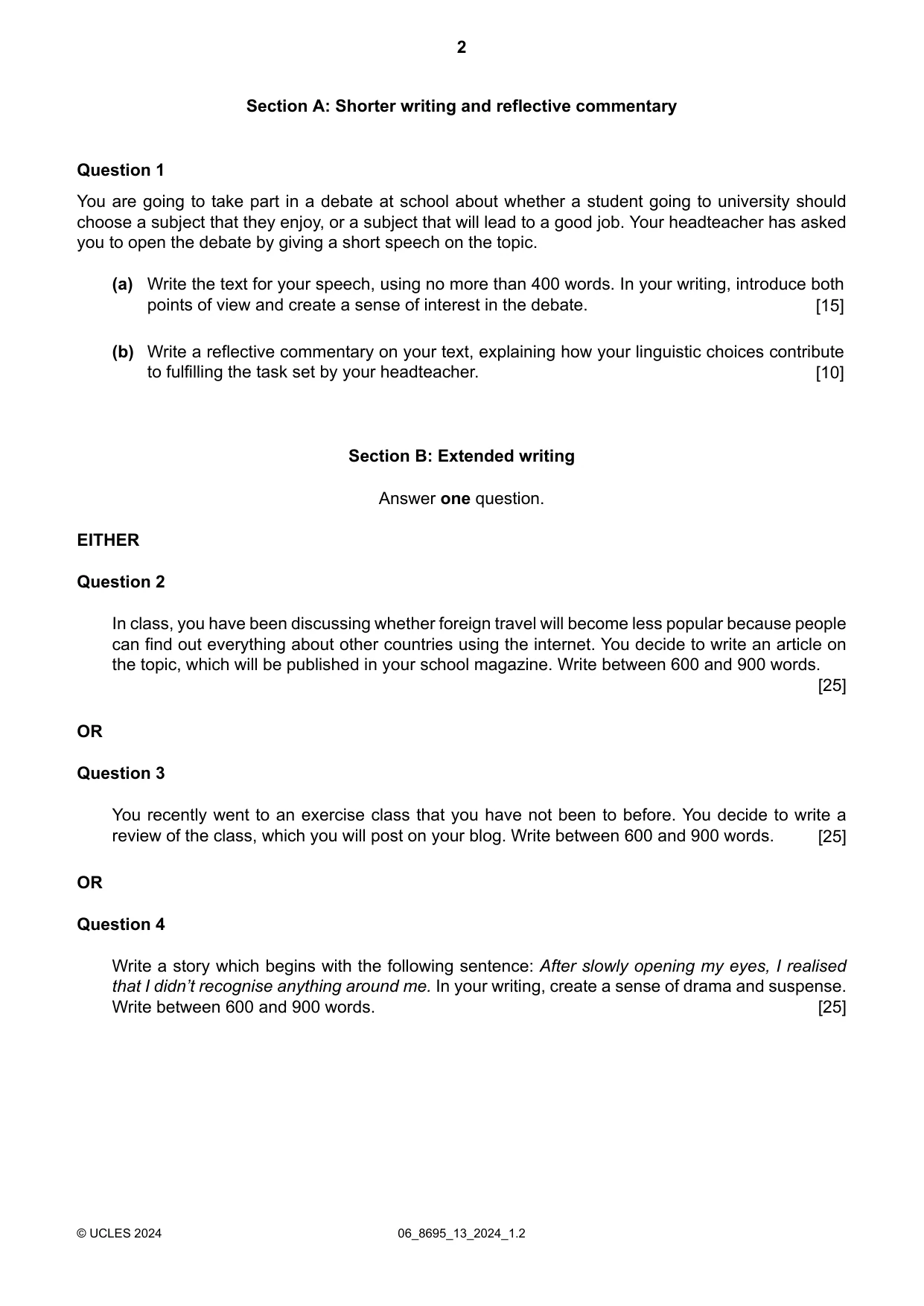 Cambridge A Level English - Language and Literature (AS Level only, from 2016) 8695 2024 May/June Paper 1 · Variant 3 question paper, page 2 of 4