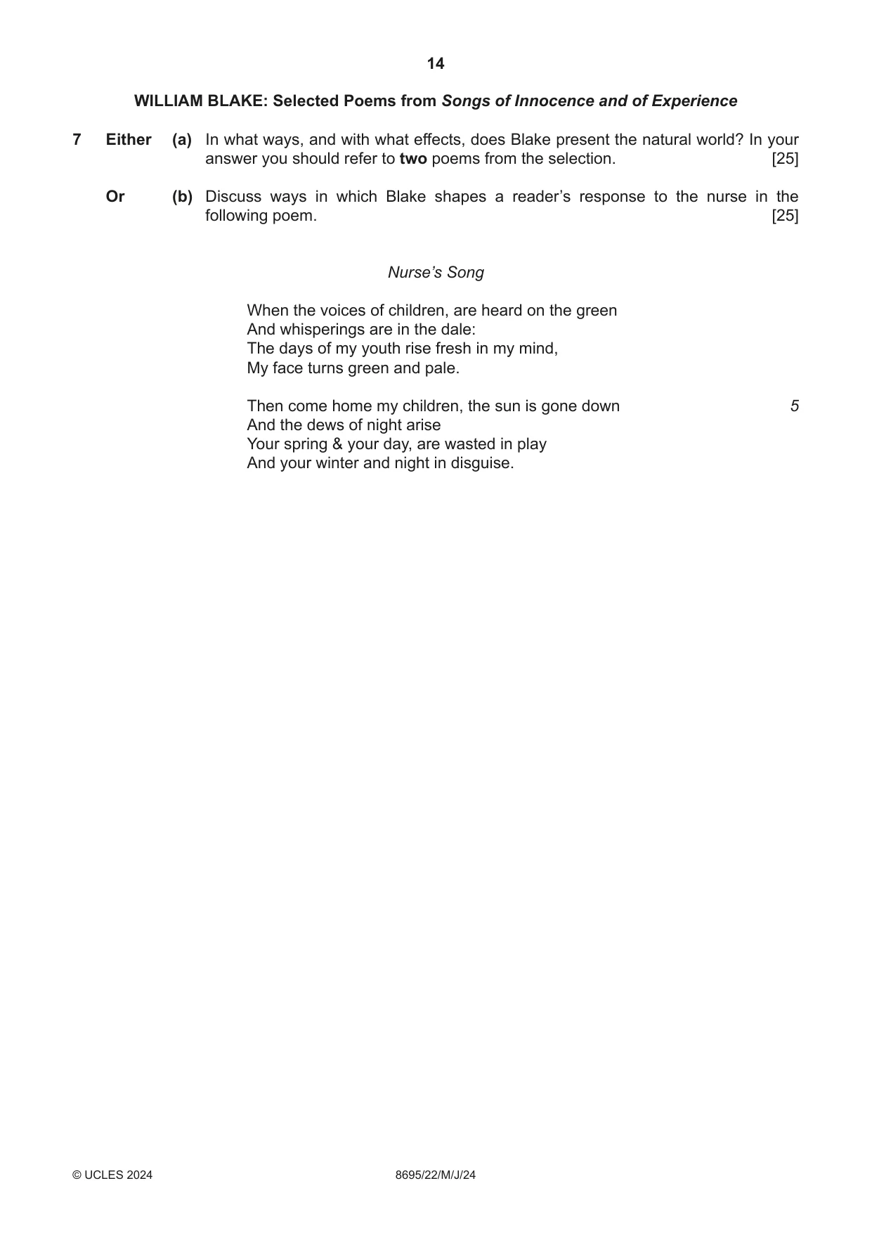 Cambridge A Level English - Language and Literature (AS Level only, from 2016) 8695 2024 May/June Paper 2 · Variant 2 question paper, page 14 of 24
