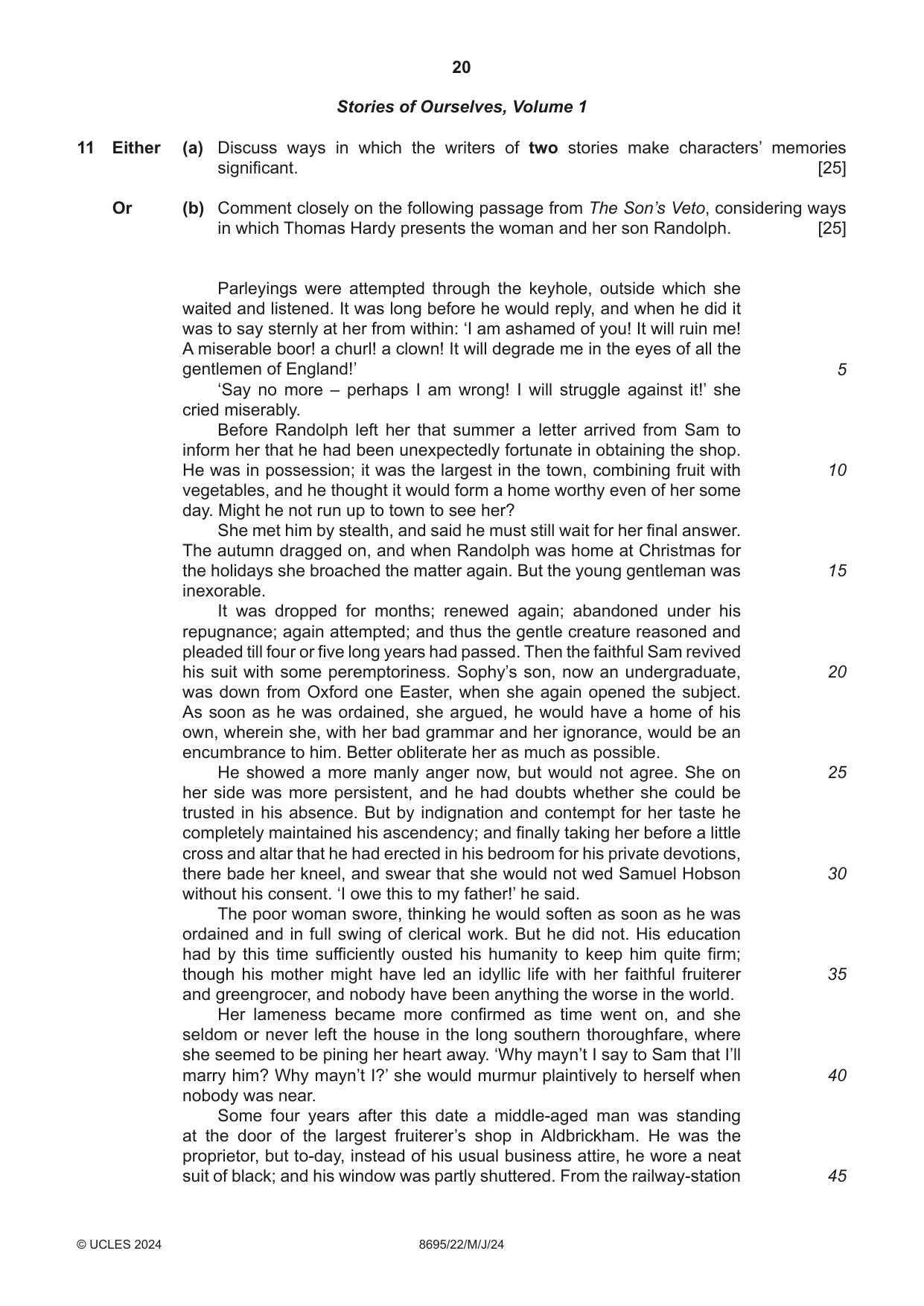 Cambridge A Level English - Language and Literature (AS Level only, from 2016) 8695 2024 May/June Paper 2 · Variant 2 question paper, page 20 of 24