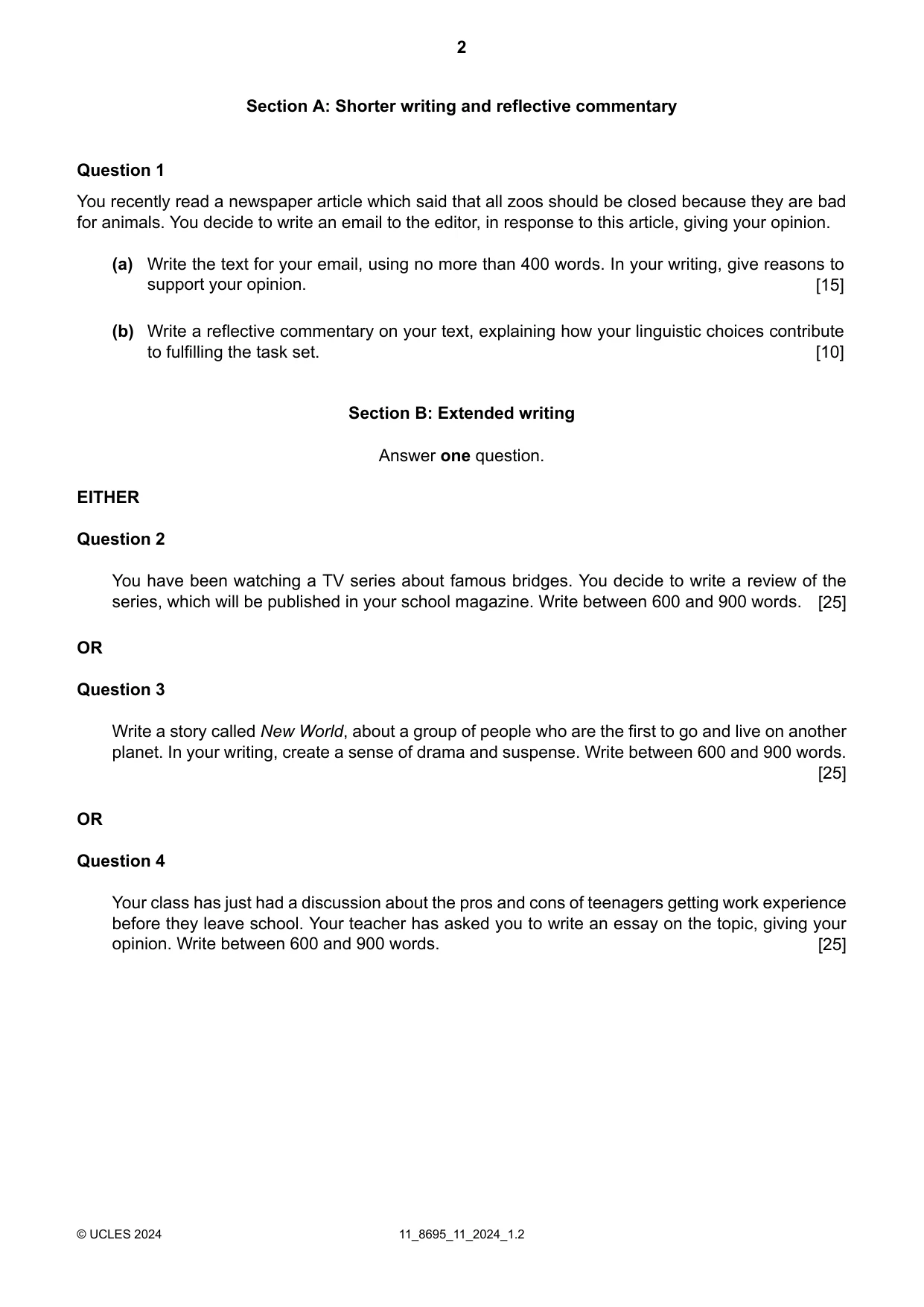 Cambridge A Level English - Language and Literature (AS Level only, from 2016) 8695 2024 Oct/Nov Paper 1 · Variant 1 question paper, page 2 of 4