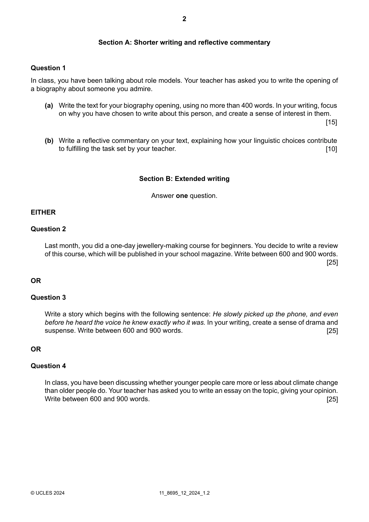 Cambridge A Level English - Language and Literature (AS Level only, from 2016) 8695 2024 Oct/Nov Paper 1 · Variant 2 question paper, page 2 of 4