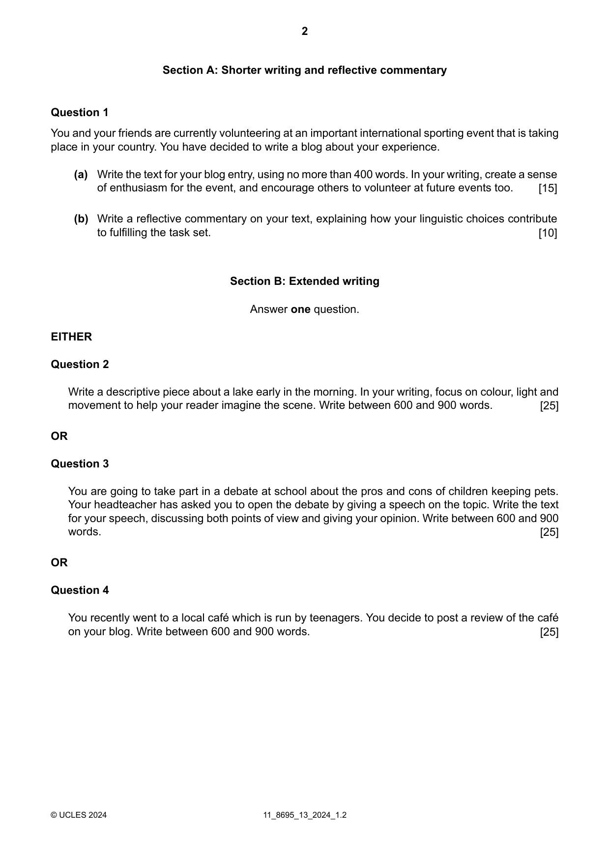 Cambridge A Level English - Language and Literature (AS Level only, from 2016) 8695 2024 Oct/Nov Paper 1 · Variant 3 question paper, page 2 of 4