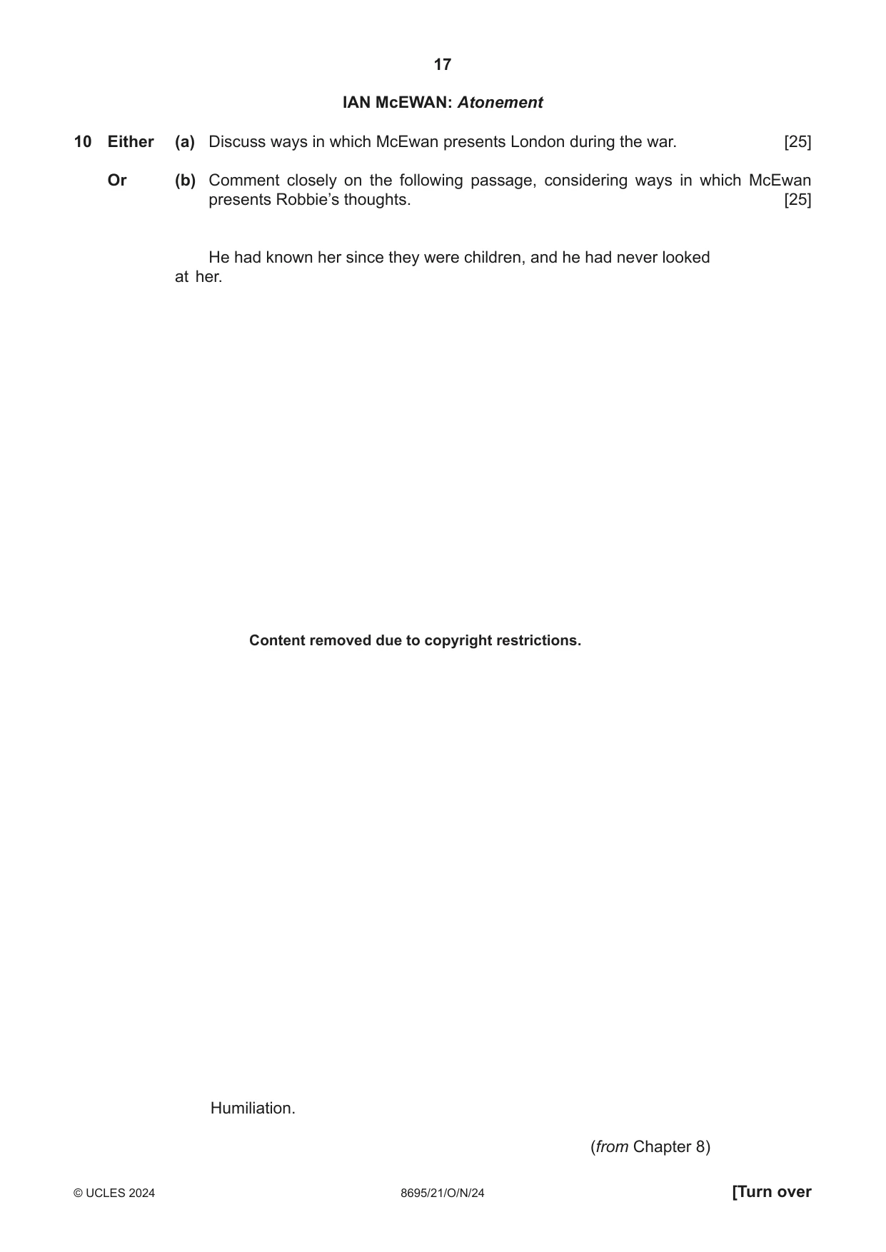 Cambridge A Level English - Language and Literature (AS Level only, from 2016) 8695 2024 Oct/Nov Paper 2 · Variant 1 question paper, page 17 of 24