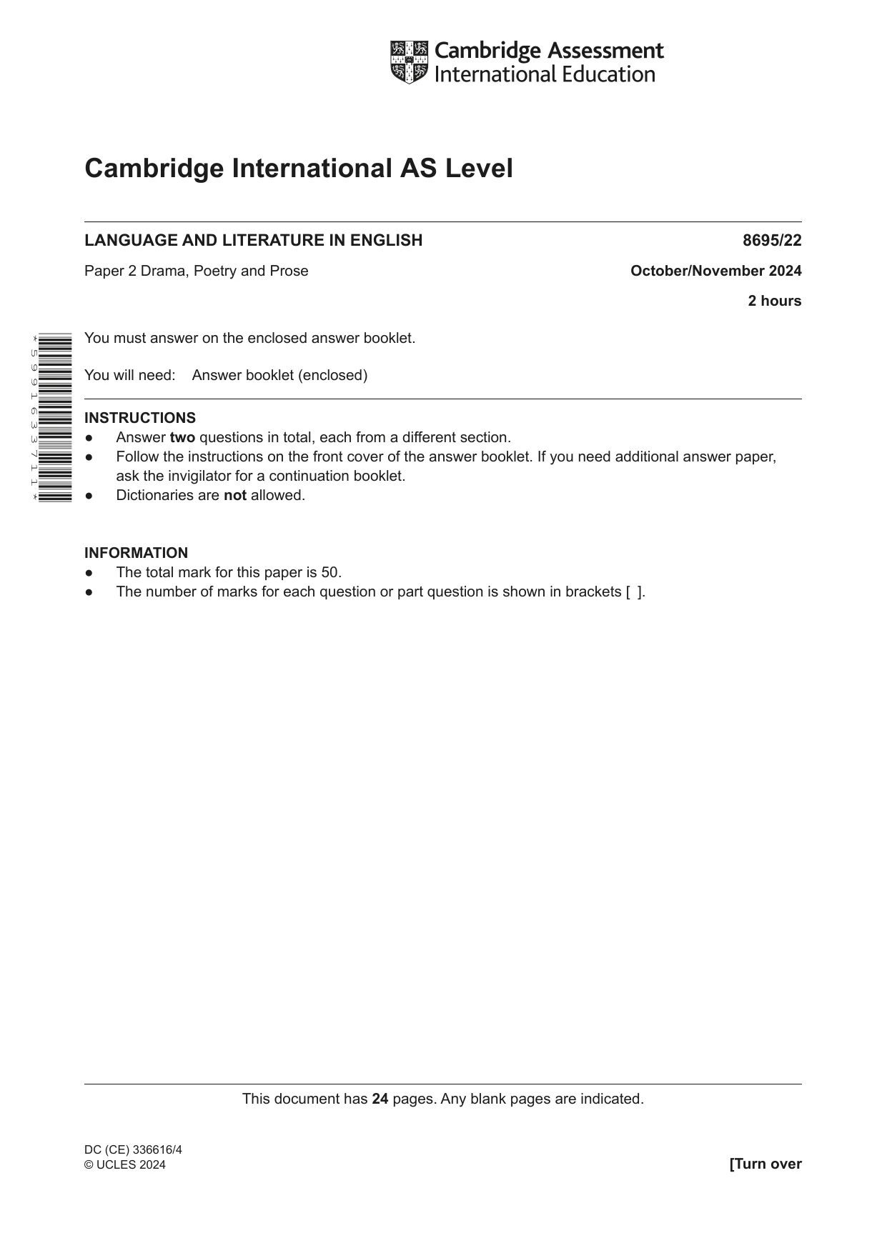 Cambridge A Level English - Language and Literature (AS Level only, from 2016) 8695 2024 Oct/Nov Paper 2 · Variant 2 question paper, page 1 of 24