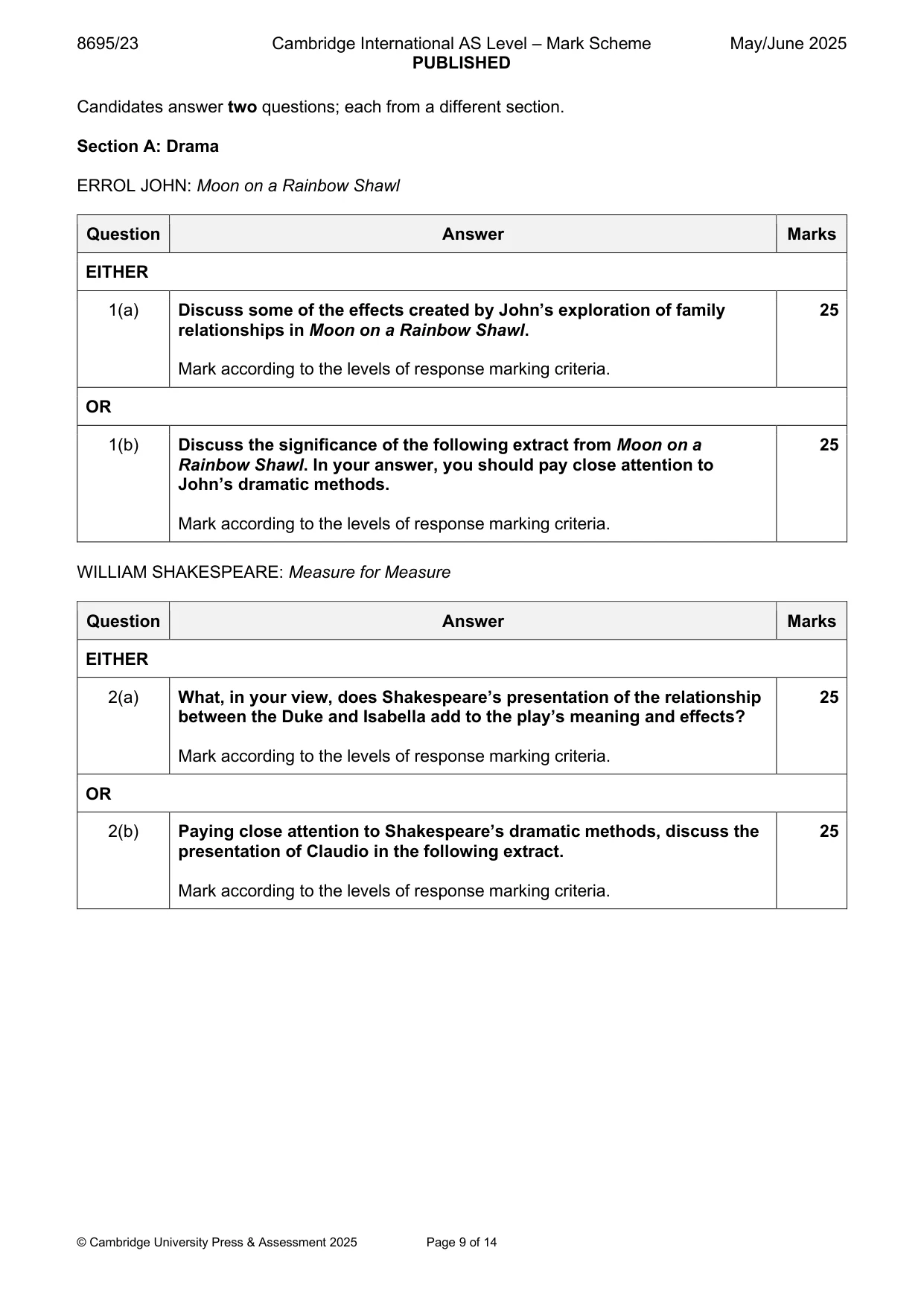 Mark scheme, page 9 of 14