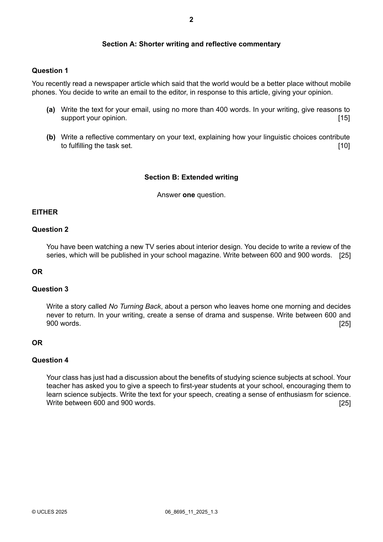 Cambridge A Level English - Language and Literature (AS Level only, from 2016) 8695 2025 May/June Paper 1 · Variant 1 question paper, page 2 of 4
