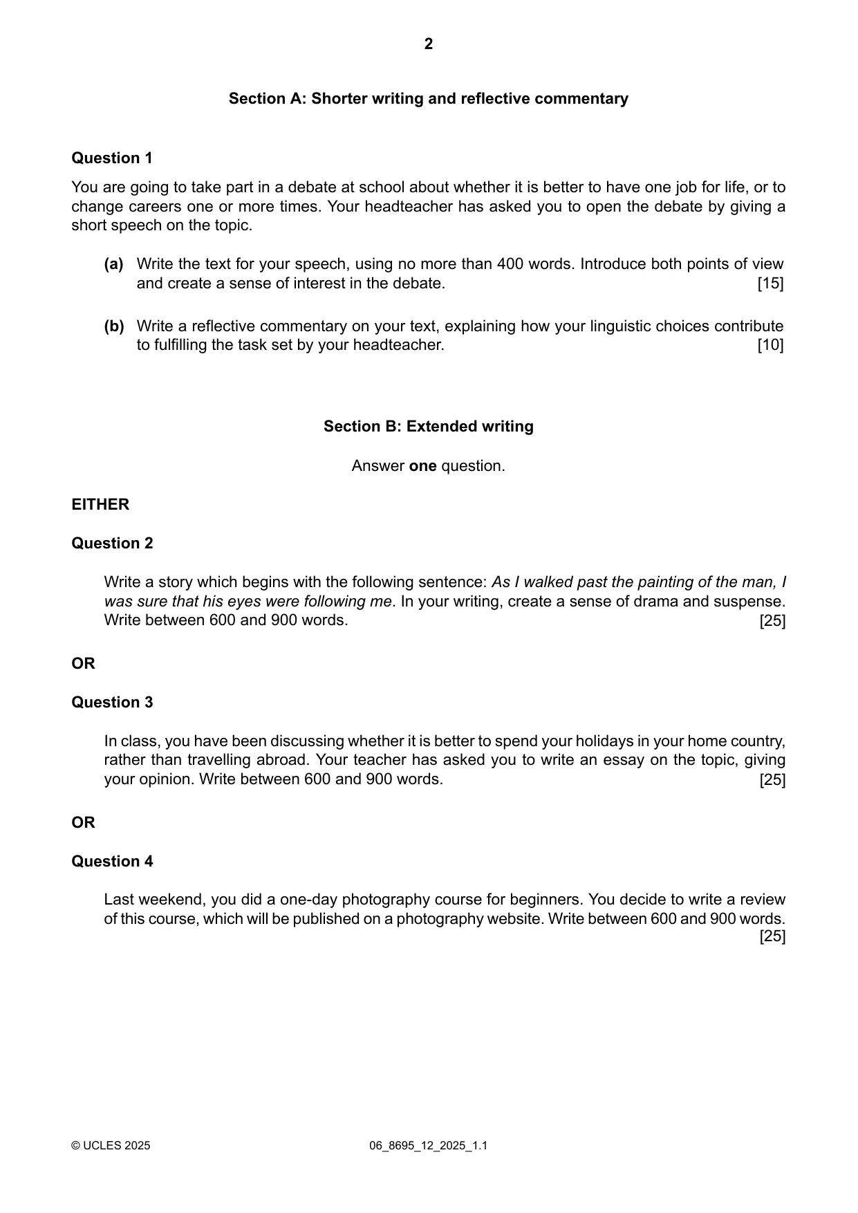 Cambridge A Level English - Language and Literature (AS Level only, from 2016) 8695 2025 May/June Paper 1 · Variant 2 question paper, page 2 of 4