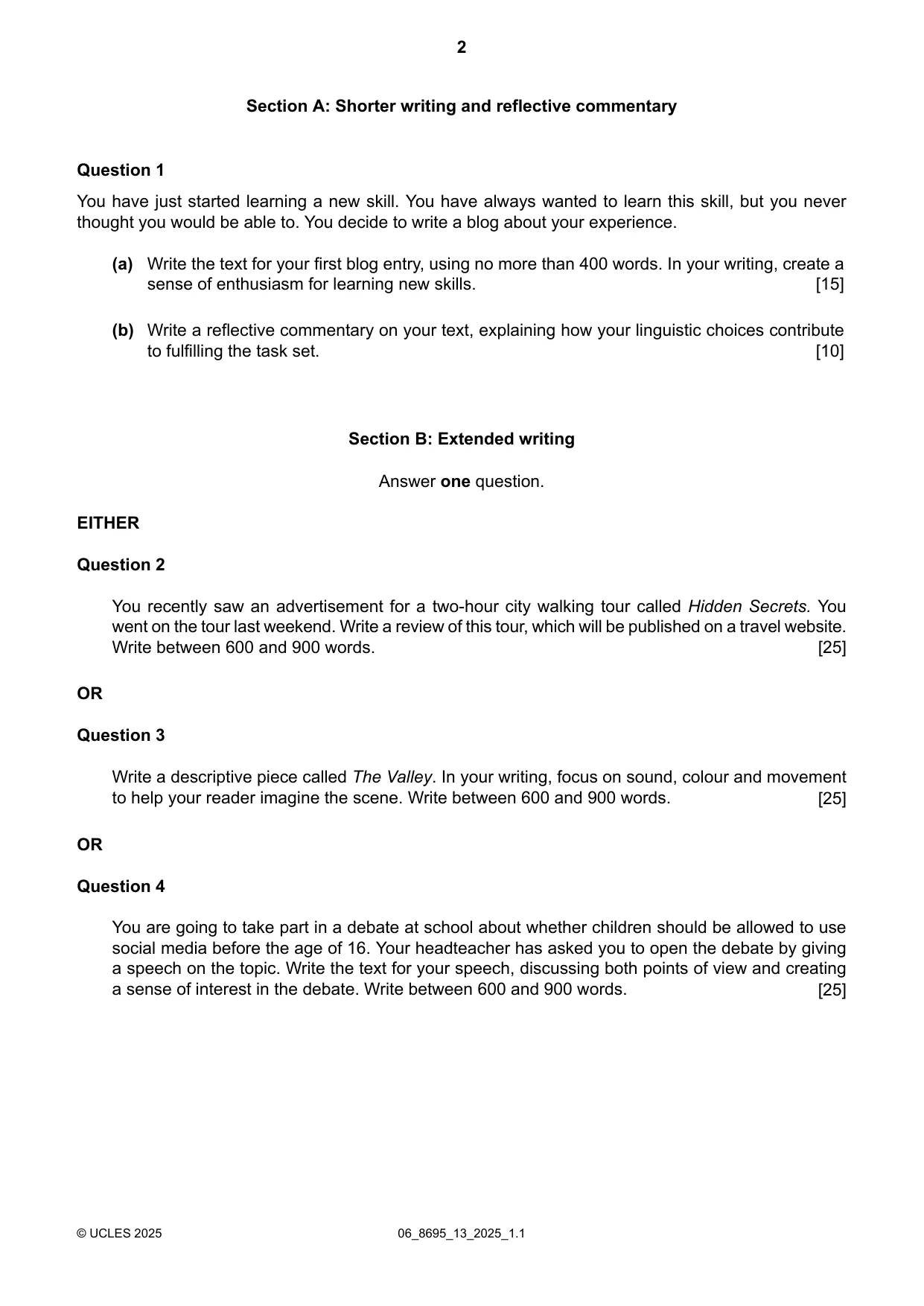 Cambridge A Level English - Language and Literature (AS Level only, from 2016) 8695 2025 May/June Paper 1 · Variant 3 question paper, page 2 of 4