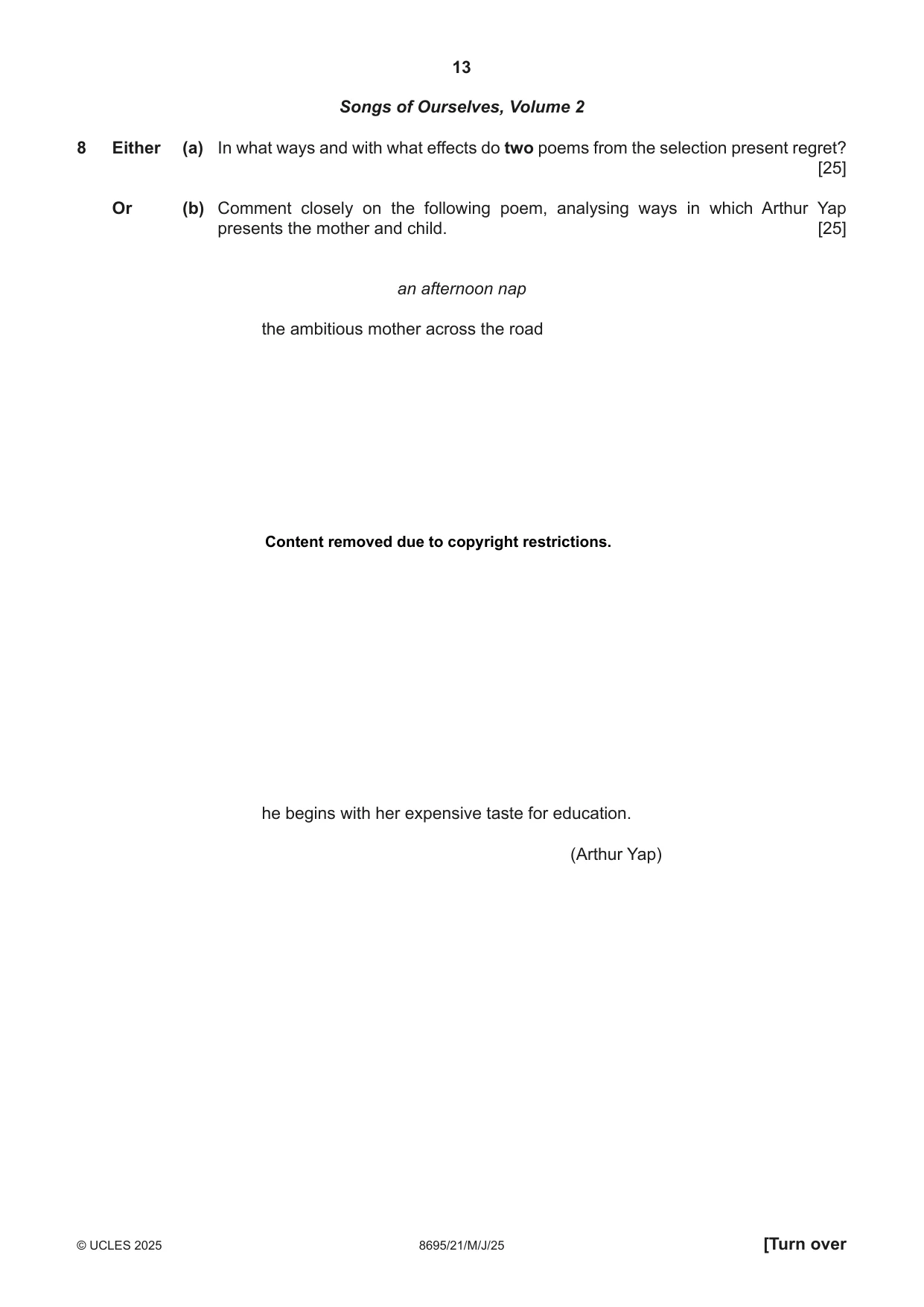 Cambridge A Level English - Language and Literature (AS Level only, from 2016) 8695 2025 May/June Paper 2 · Variant 1 question paper, page 13 of 20