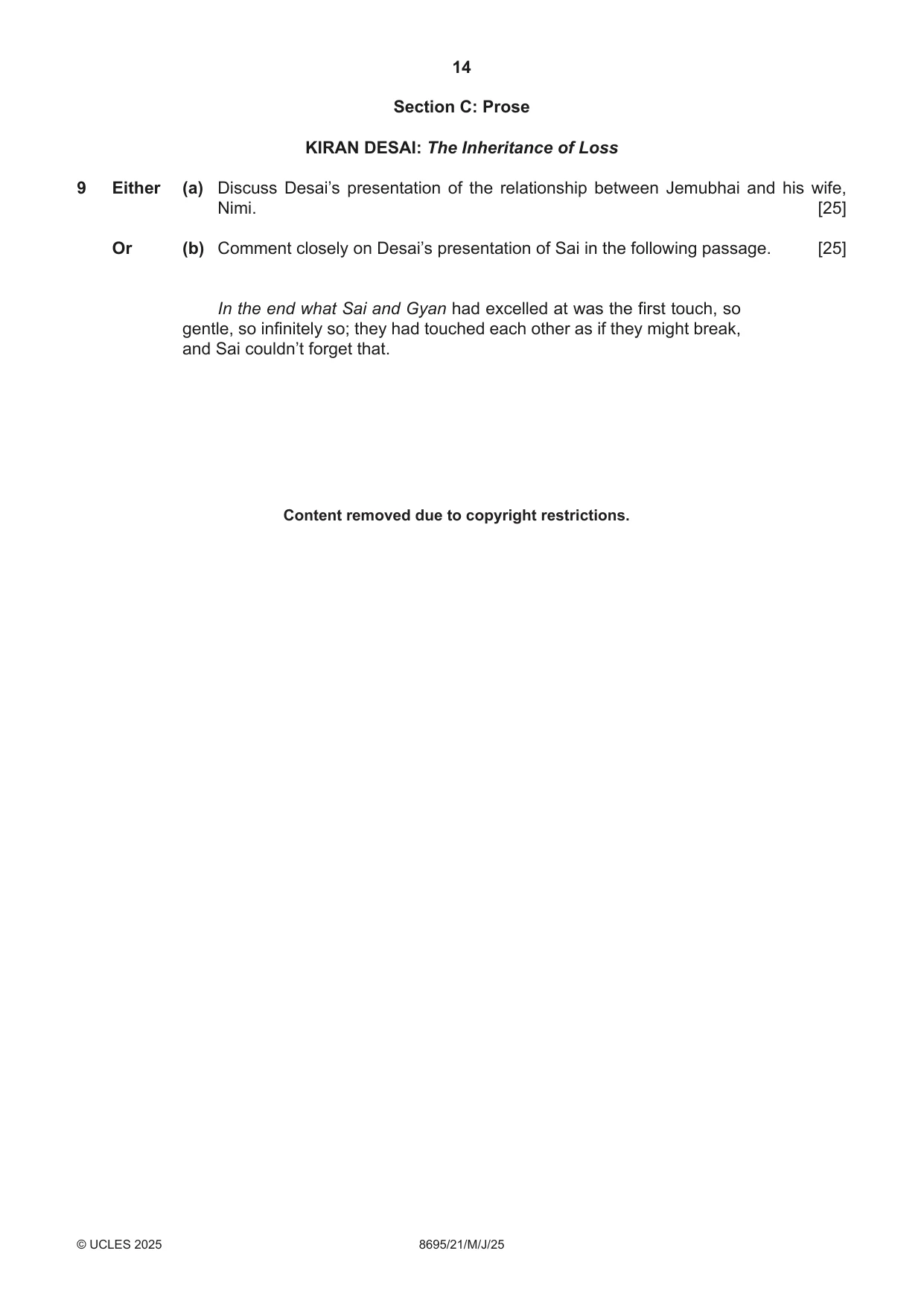 Cambridge A Level English - Language and Literature (AS Level only, from 2016) 8695 2025 May/June Paper 2 · Variant 1 question paper, page 14 of 20