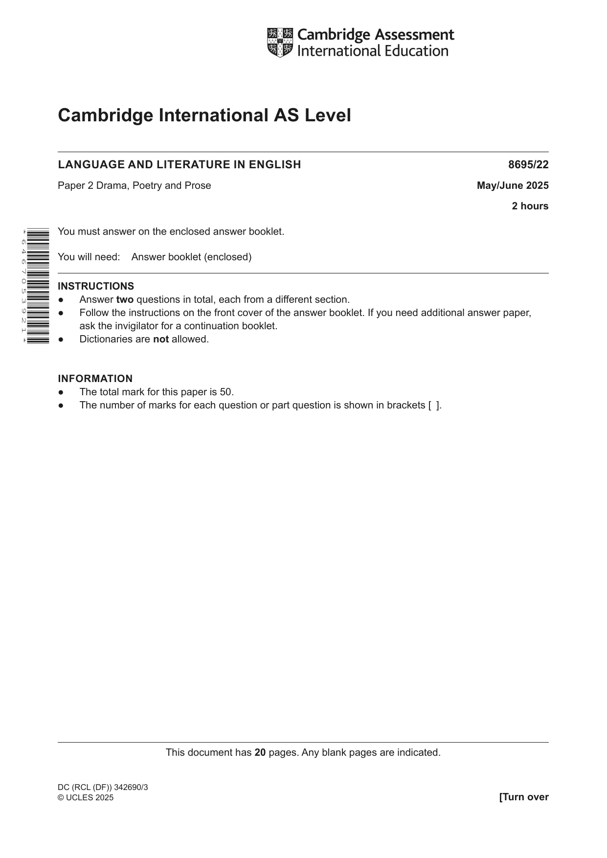 Cambridge A Level English - Language and Literature (AS Level only, from 2016) 8695 2025 May/June Paper 2 · Variant 2 question paper, page 1 of 20
