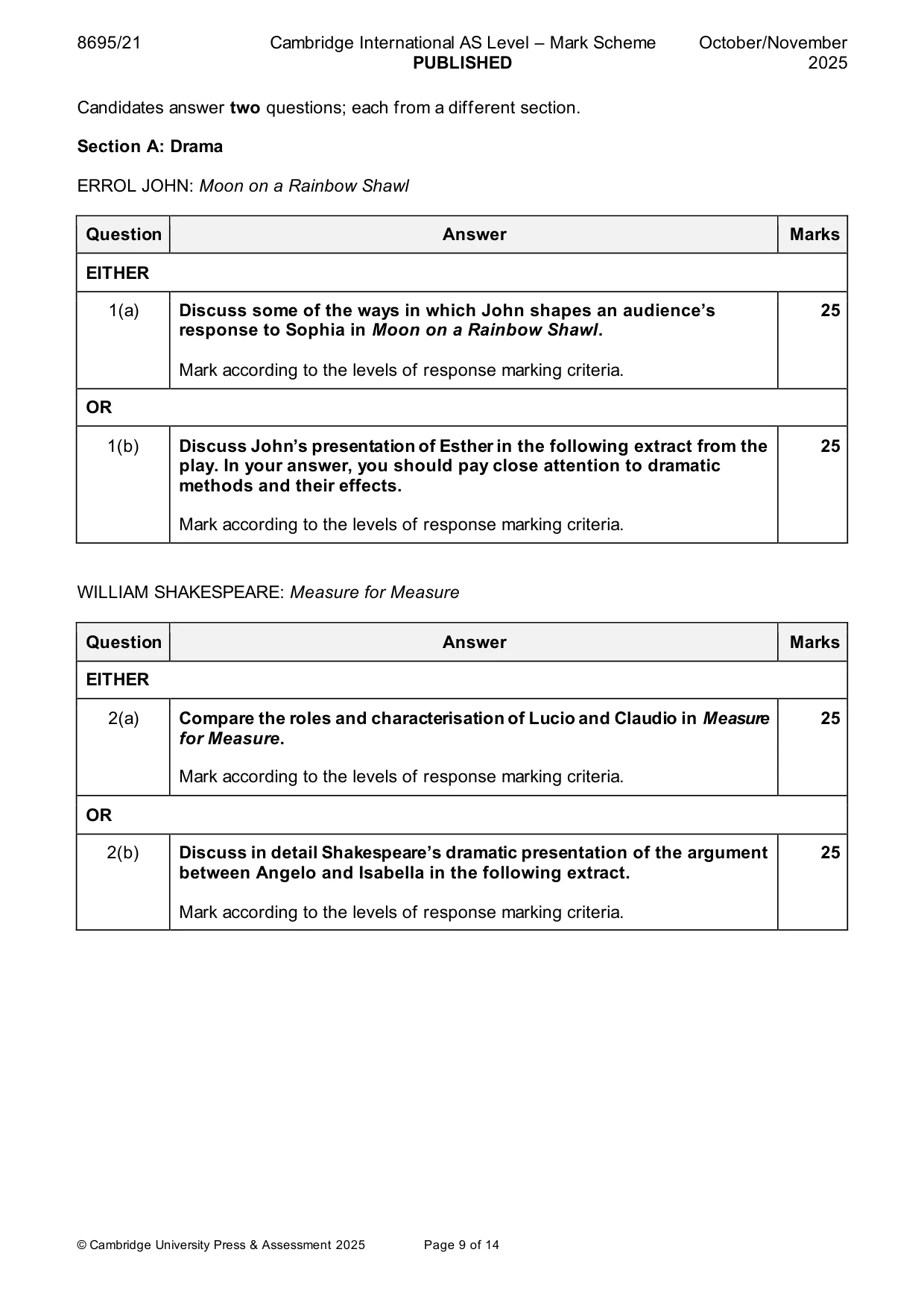 Mark scheme, page 9 of 14
