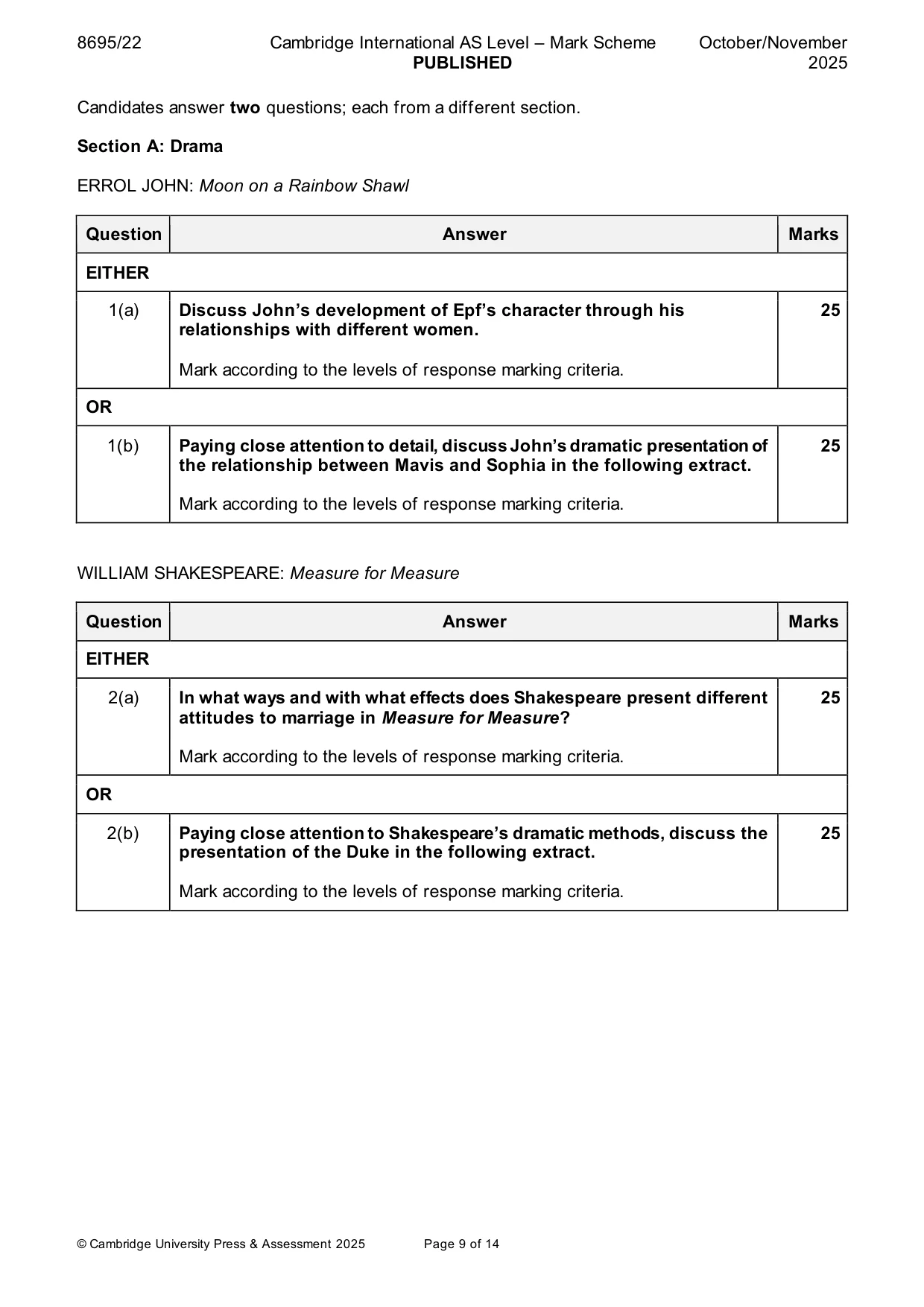 Mark scheme, page 9 of 14