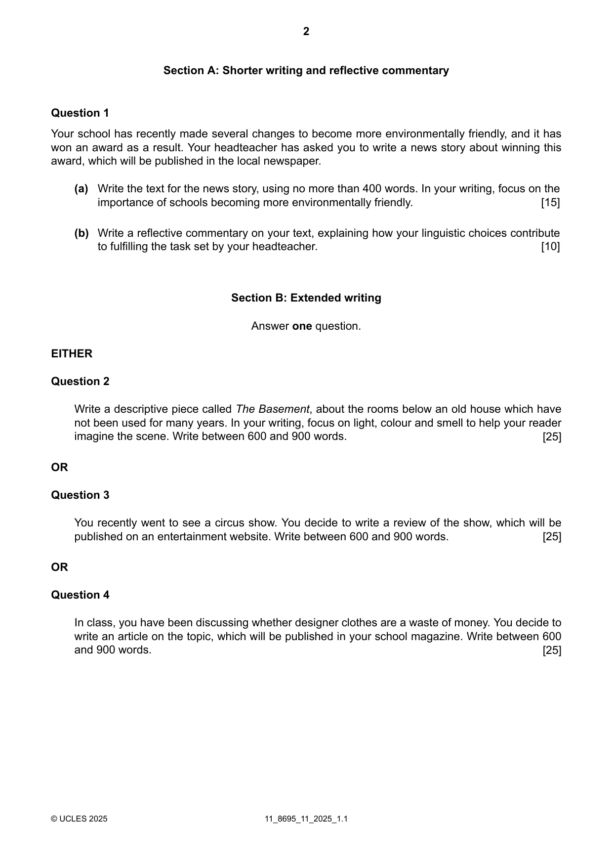 Cambridge A Level English - Language and Literature (AS Level only, from 2016) 8695 2025 Oct/Nov Paper 1 · Variant 1 question paper, page 2 of 4