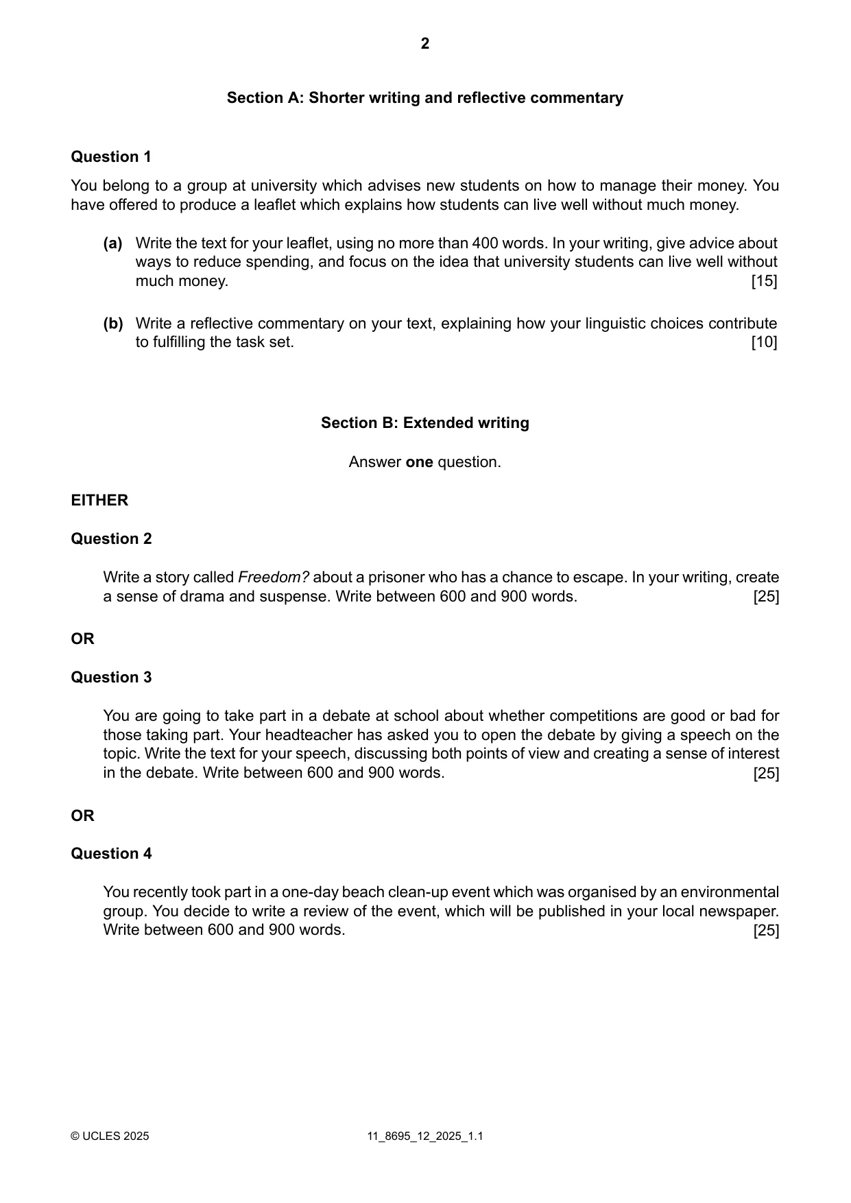 Cambridge A Level English - Language and Literature (AS Level only, from 2016) 8695 2025 Oct/Nov Paper 1 · Variant 2 question paper, page 2 of 4