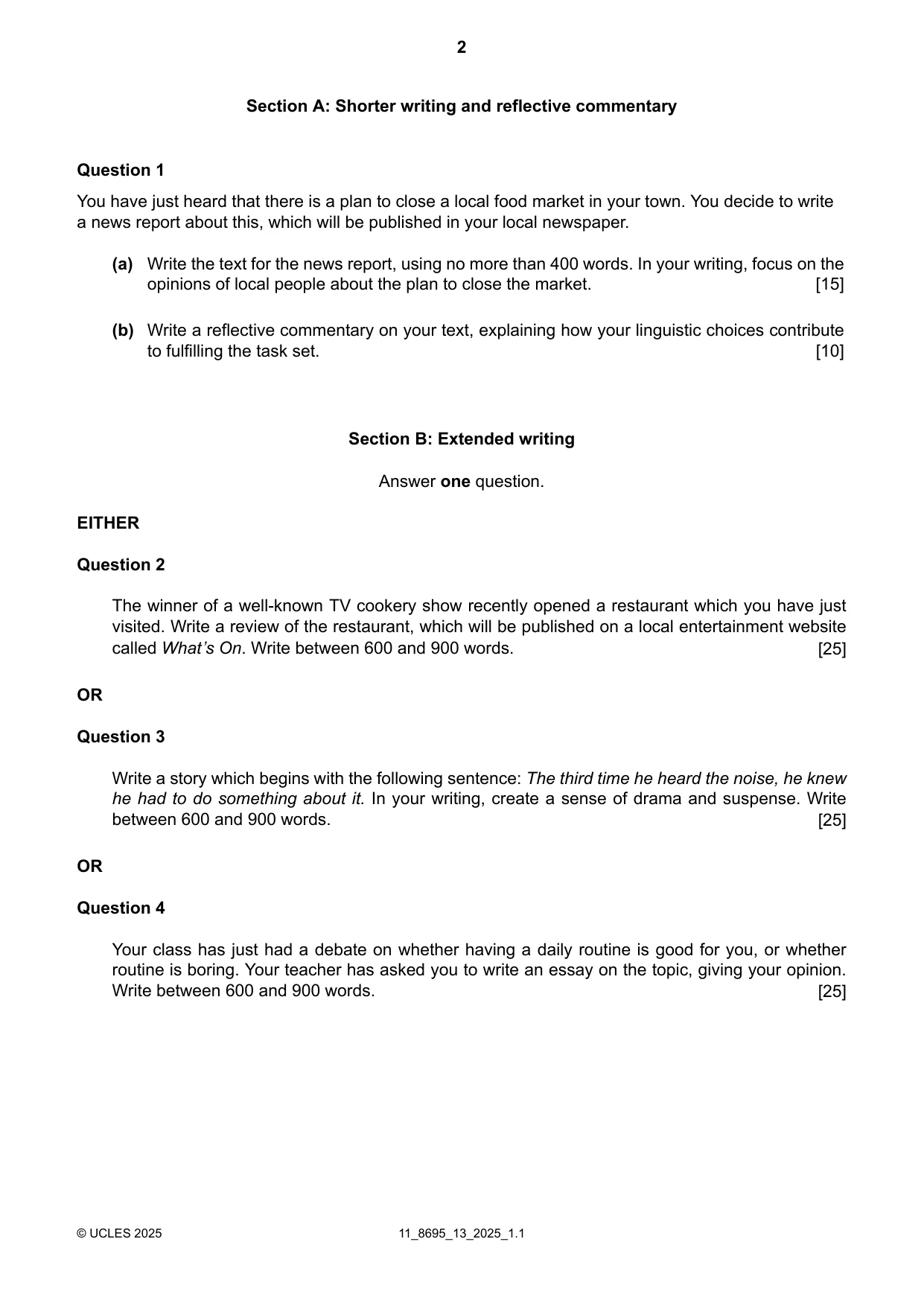 Cambridge A Level English - Language and Literature (AS Level only, from 2016) 8695 2025 Oct/Nov Paper 1 · Variant 3 question paper, page 2 of 4