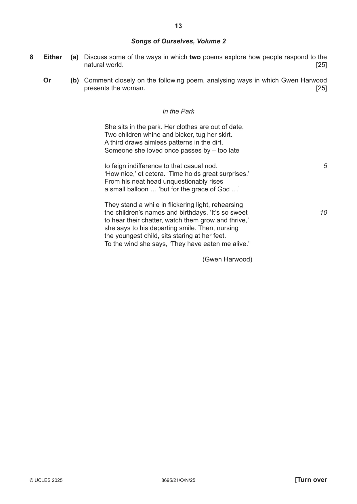 Cambridge A Level English - Language and Literature (AS Level only, from 2016) 8695 2025 Oct/Nov Paper 2 · Variant 1 question paper, page 13 of 20