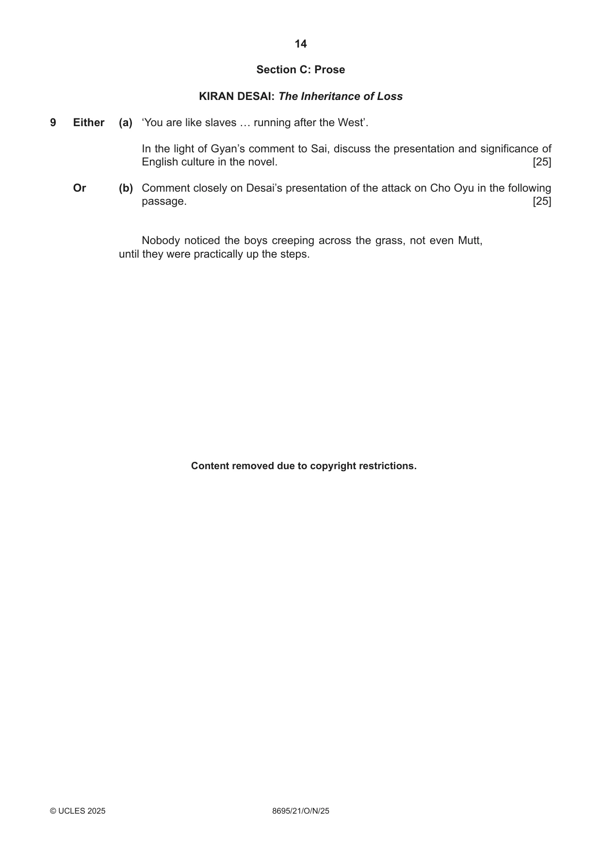 Cambridge A Level English - Language and Literature (AS Level only, from 2016) 8695 2025 Oct/Nov Paper 2 · Variant 1 question paper, page 14 of 20