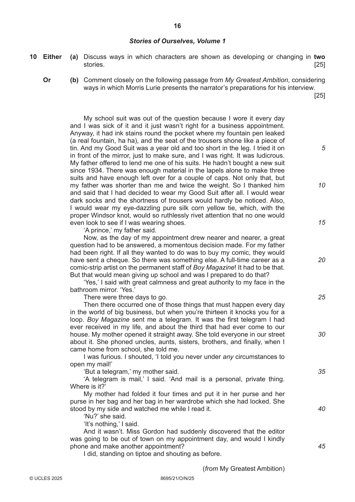 Cambridge A Level English - Language and Literature (AS Level only, from 2016) 8695 2025 Oct/Nov Paper 2 · Variant 1 question paper, page 16 of 20