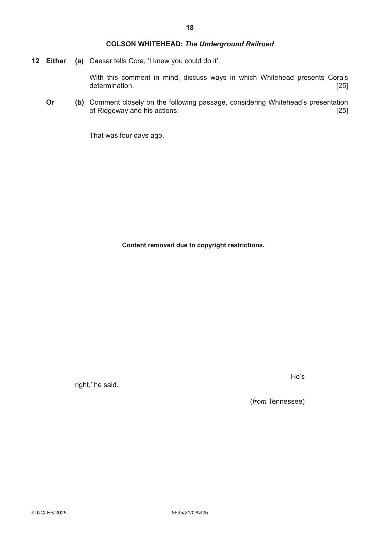 Cambridge A Level English - Language and Literature (AS Level only, from 2016) 8695 2025 Oct/Nov Paper 2 · Variant 1 question paper, page 18 of 20