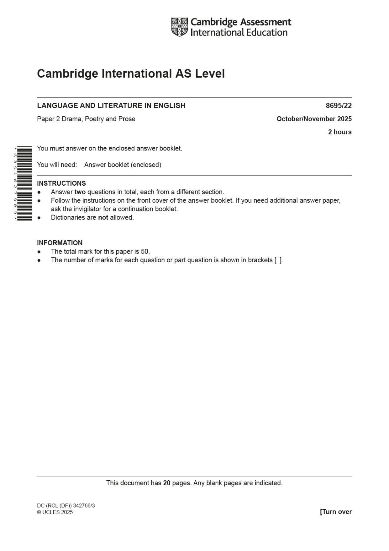 Cambridge A Level English - Language and Literature (AS Level only, from 2016) 8695 2025 Oct/Nov Paper 2 · Variant 2 question paper, page 1 of 20