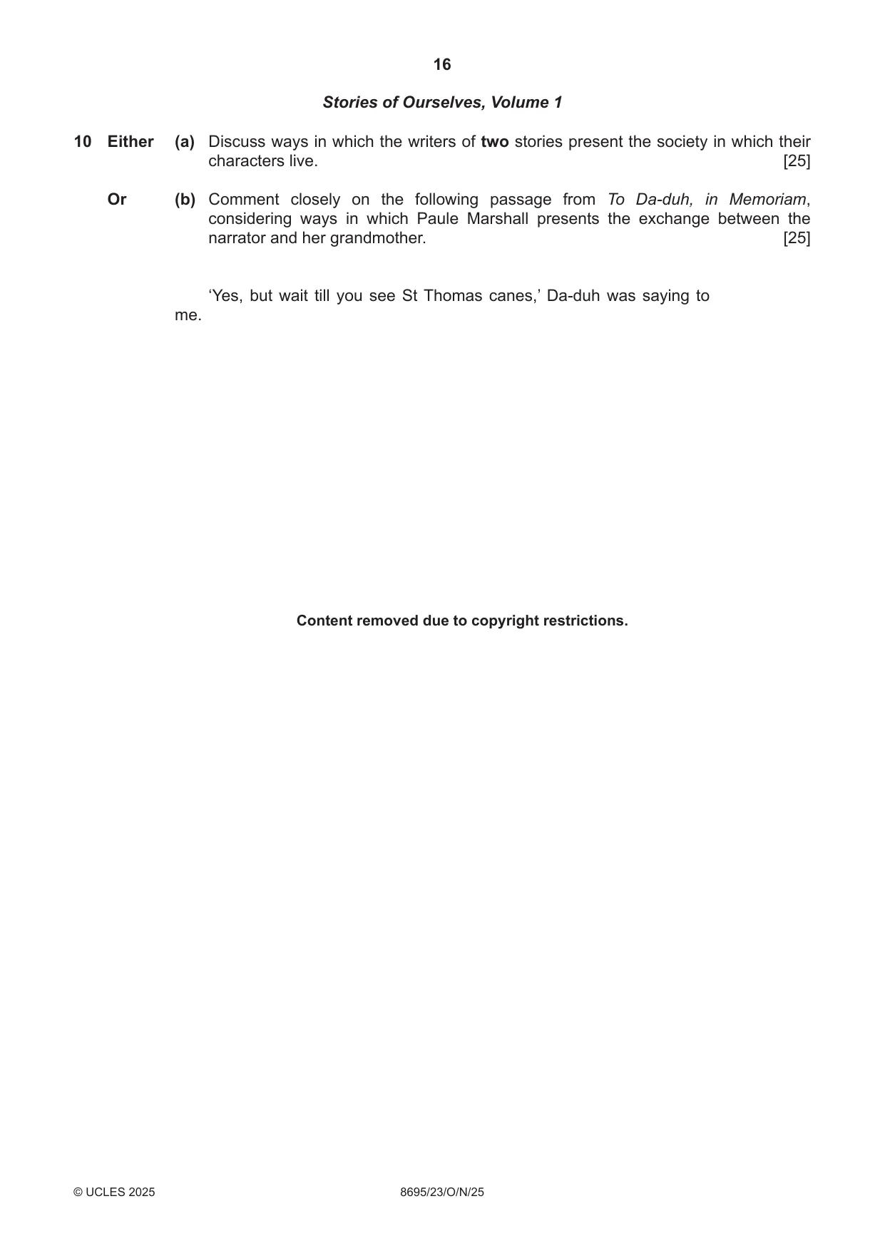 Cambridge A Level English - Language and Literature (AS Level only, from 2016) 8695 2025 Oct/Nov Paper 2 · Variant 3 question paper, page 16 of 20