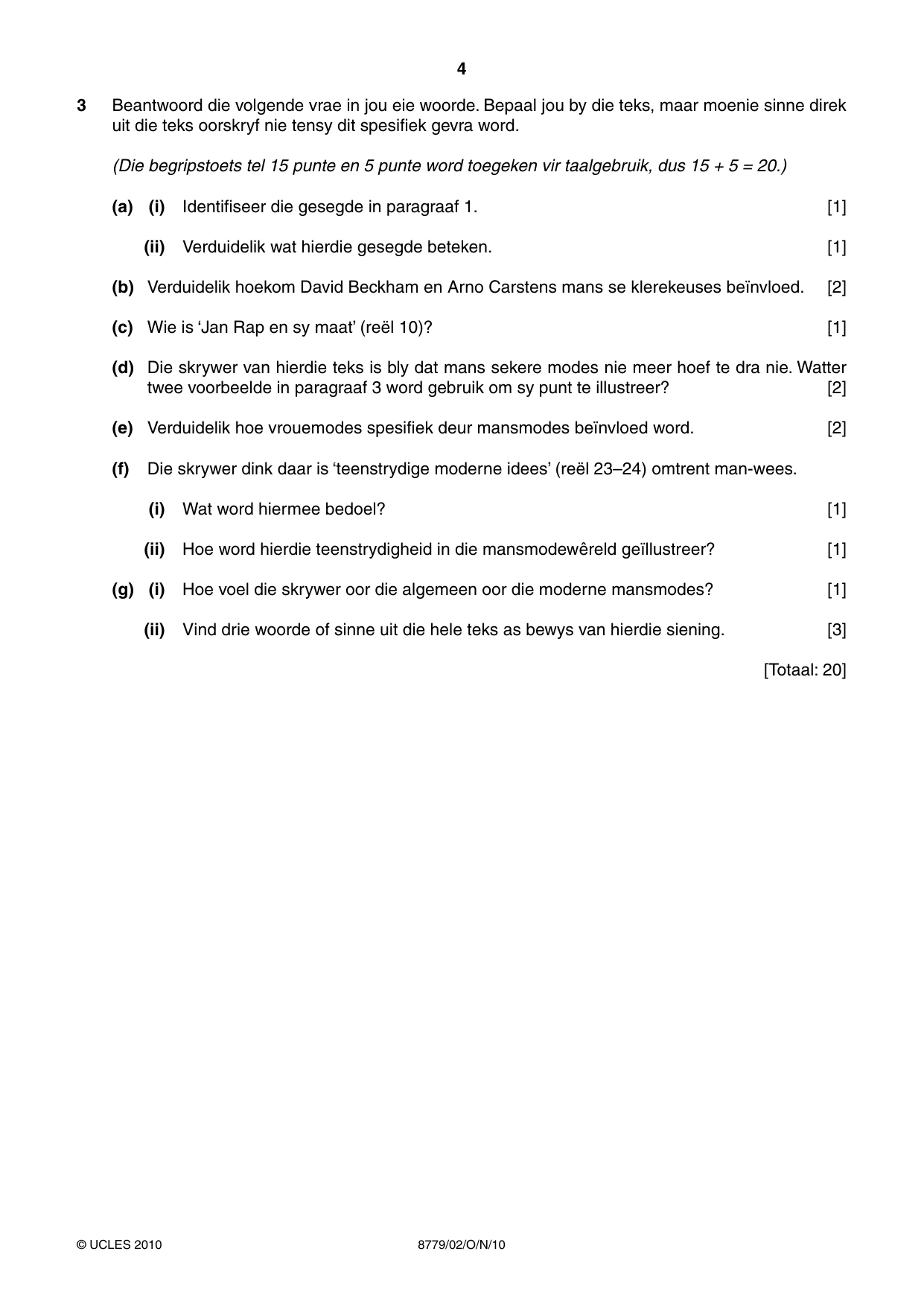 Cambridge A Level Afrikaans - First Language (AS Level only) 8779 2010 Oct/Nov Paper 2 · Variant 1 question paper, page 4 of 8