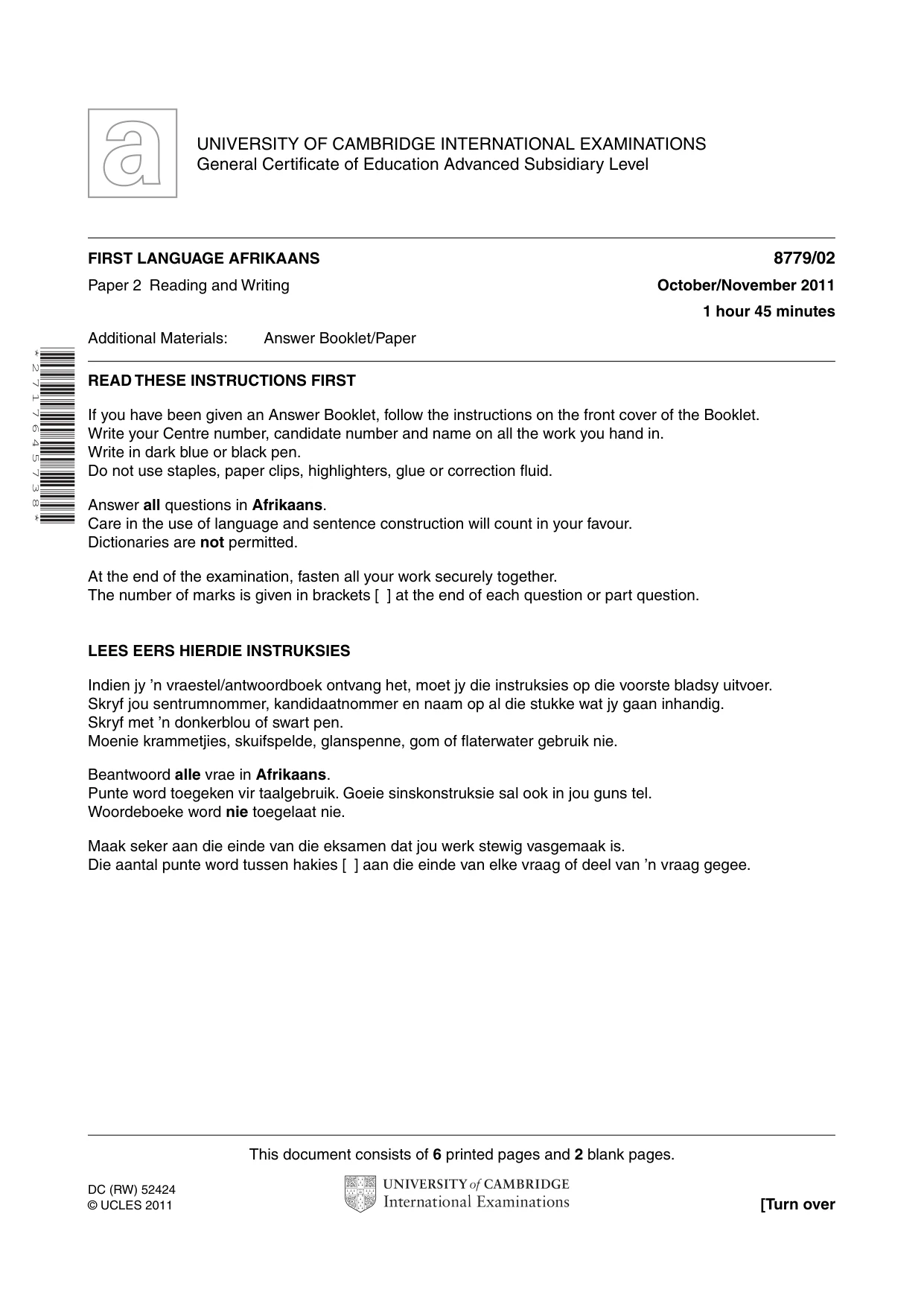Cambridge A Level Afrikaans - First Language (AS Level only) 8779 2011 Oct/Nov Paper 2 · Variant 1 question paper, page 1 of 8