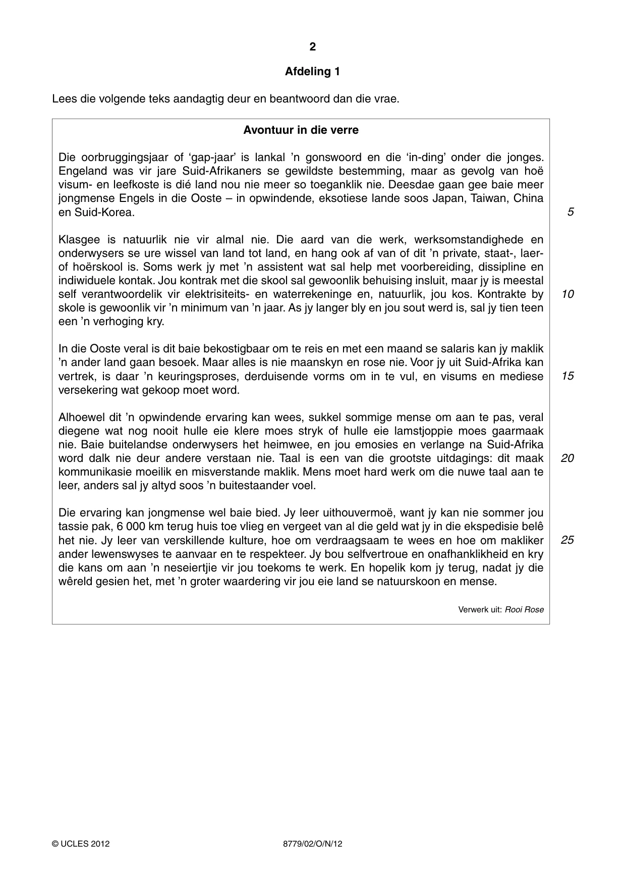 Cambridge A Level Afrikaans - First Language (AS Level only) 8779 2012 Oct/Nov Paper 2 · Variant 1 question paper, page 2 of 8