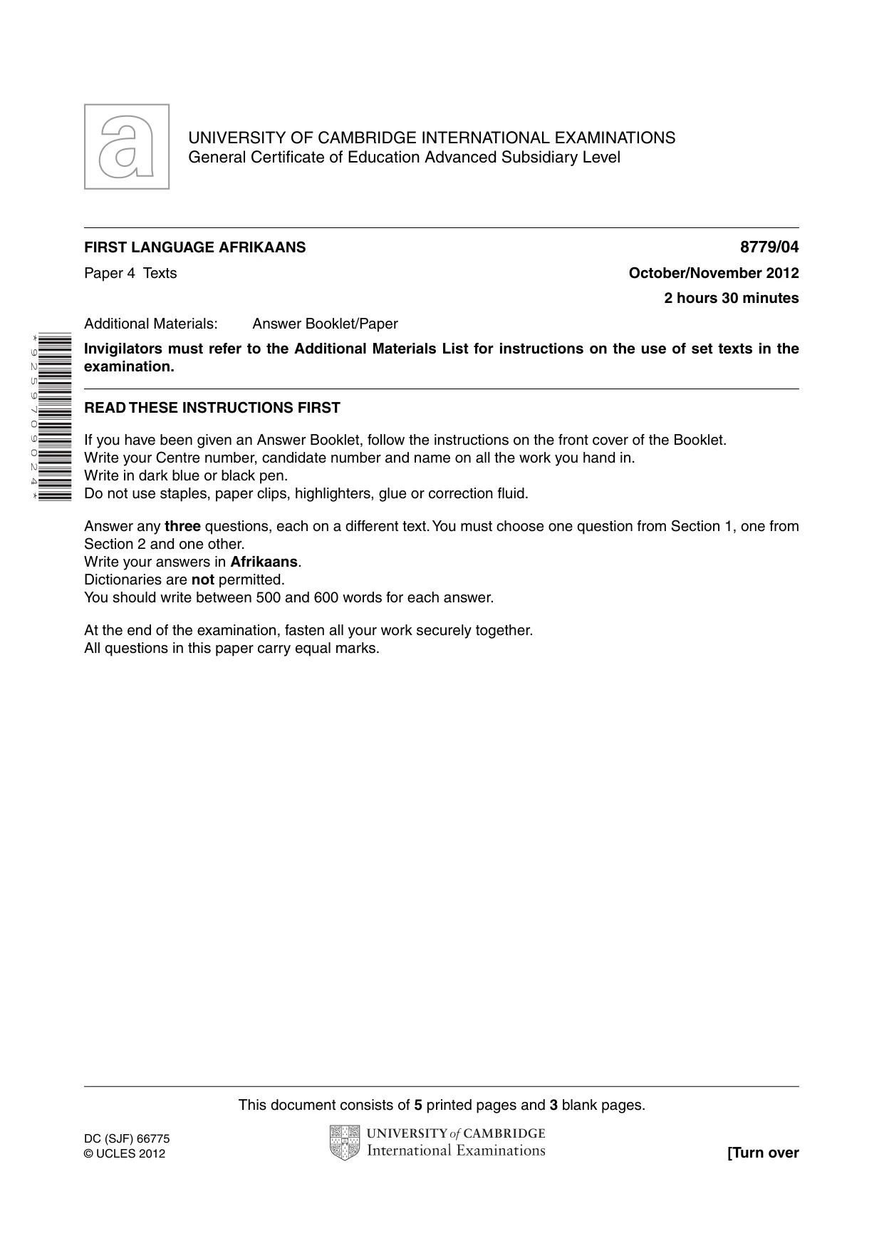 Cambridge A Level Afrikaans - First Language (AS Level only) 8779 2012 Oct/Nov Paper 4 · Variant 1 question paper, page 1 of 8