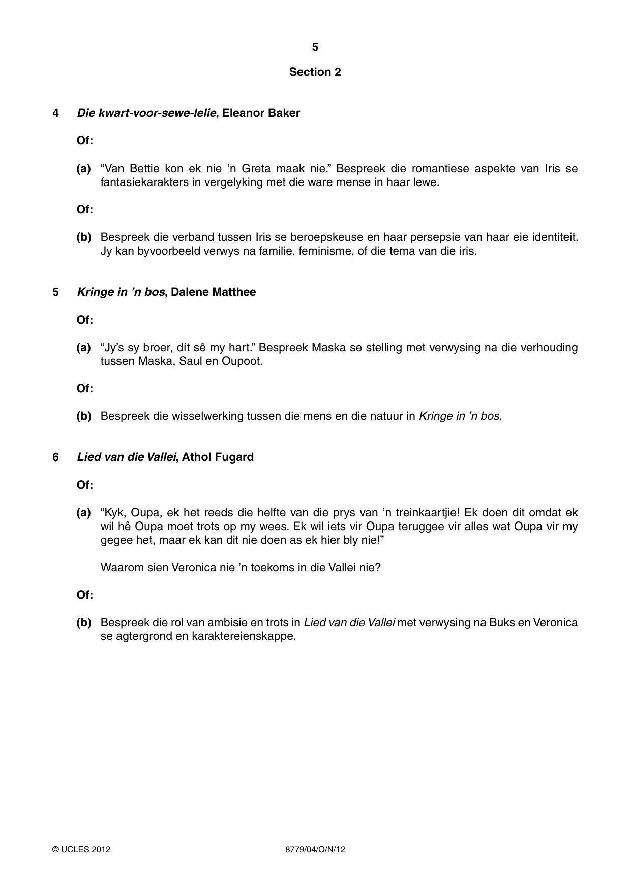 Cambridge A Level Afrikaans - First Language (AS Level only) 8779 2012 Oct/Nov Paper 4 · Variant 1 question paper, page 5 of 8