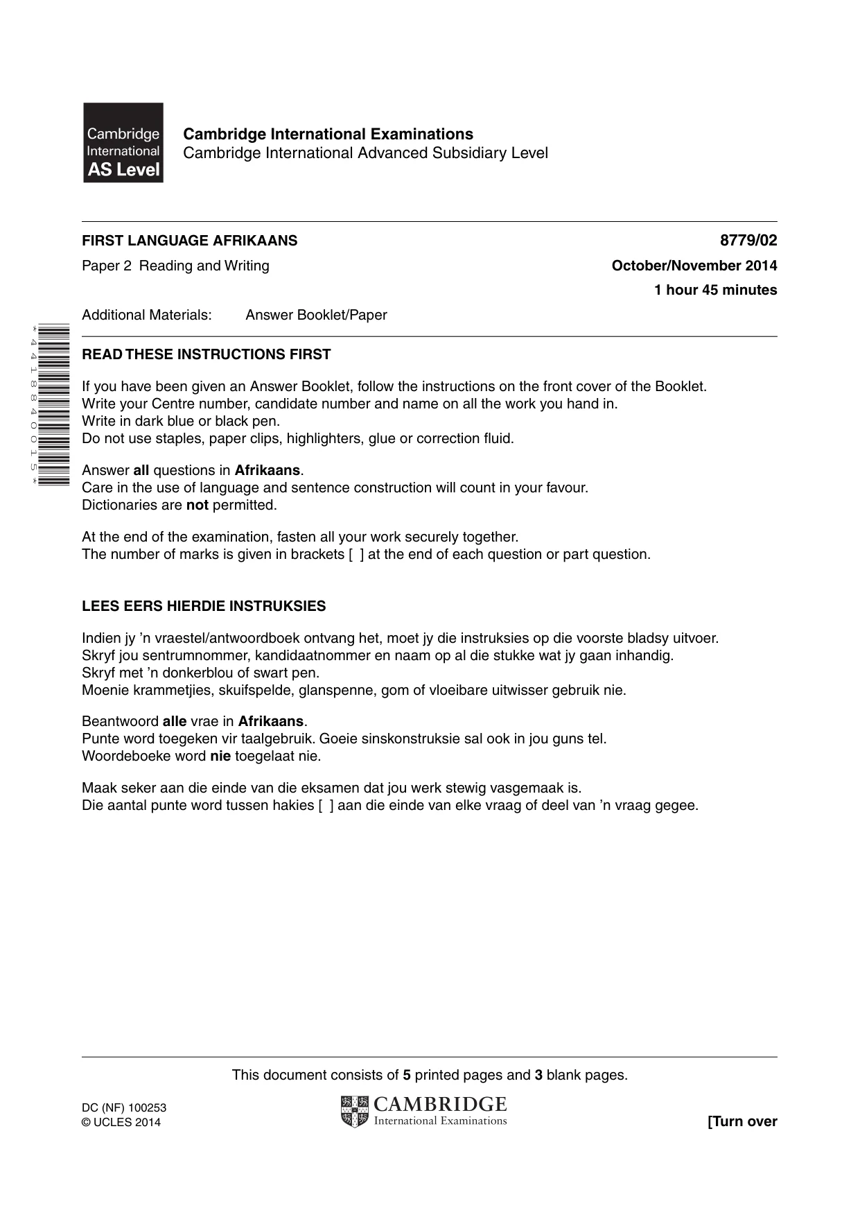 Cambridge A Level Afrikaans - First Language (AS Level only) 8779 2014 Oct/Nov Paper 2 · Variant 1 question paper, page 1 of 8