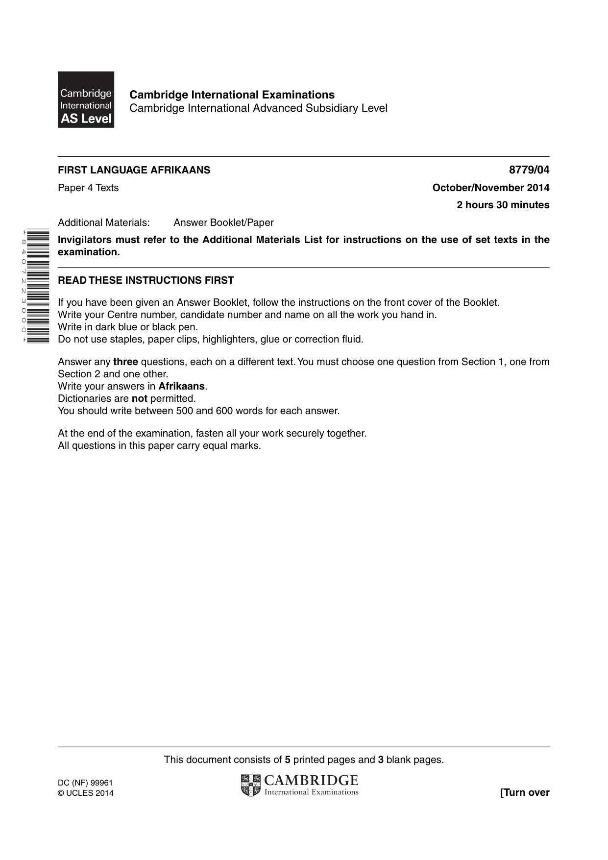 Cambridge A Level Afrikaans - First Language (AS Level only) 8779 2014 Oct/Nov Paper 4 · Variant 1 question paper, page 1 of 8