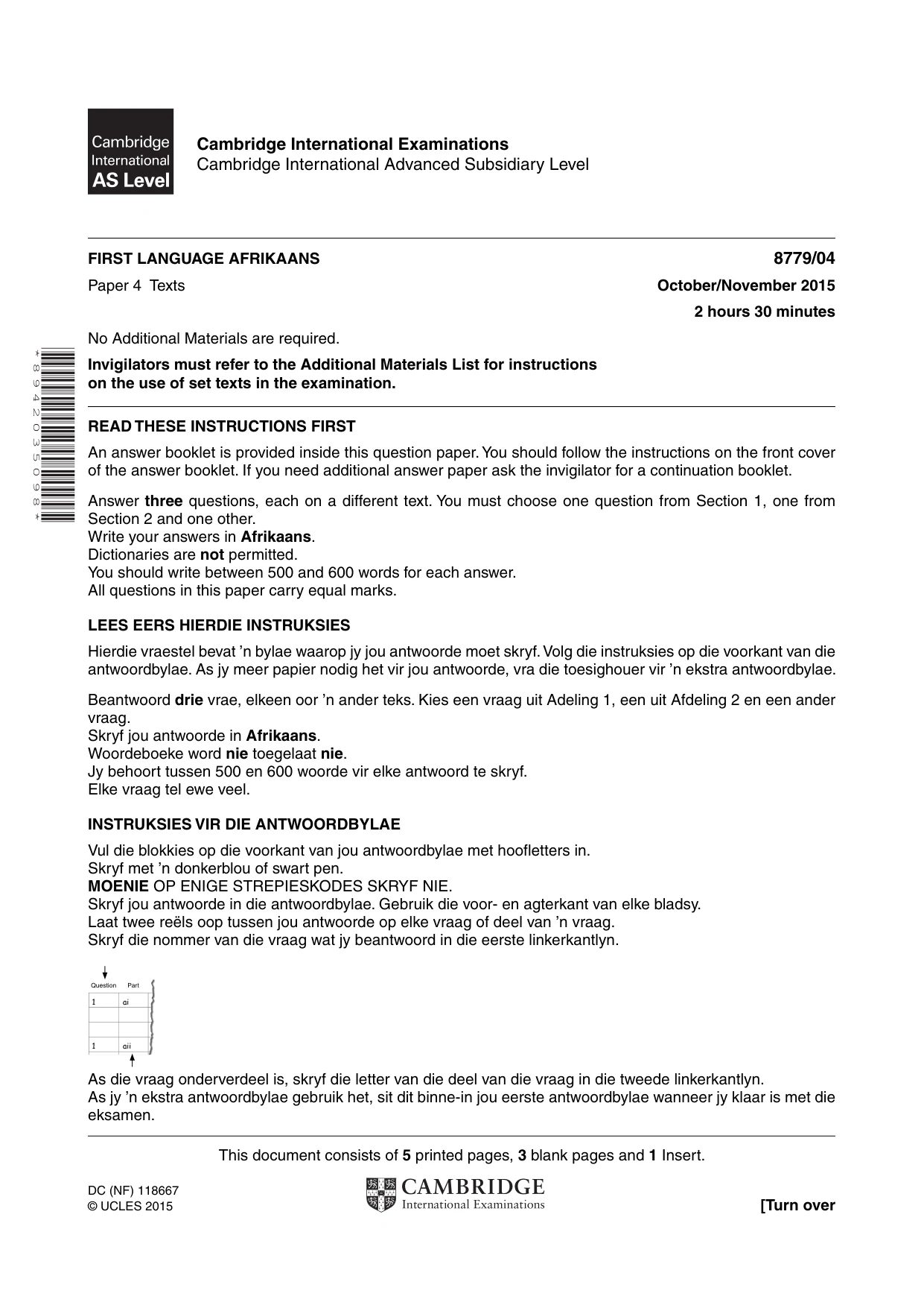 Cambridge A Level Afrikaans - First Language (AS Level only) 8779 2015 Oct/Nov Paper 4 · Variant 1 question paper, page 1 of 8
