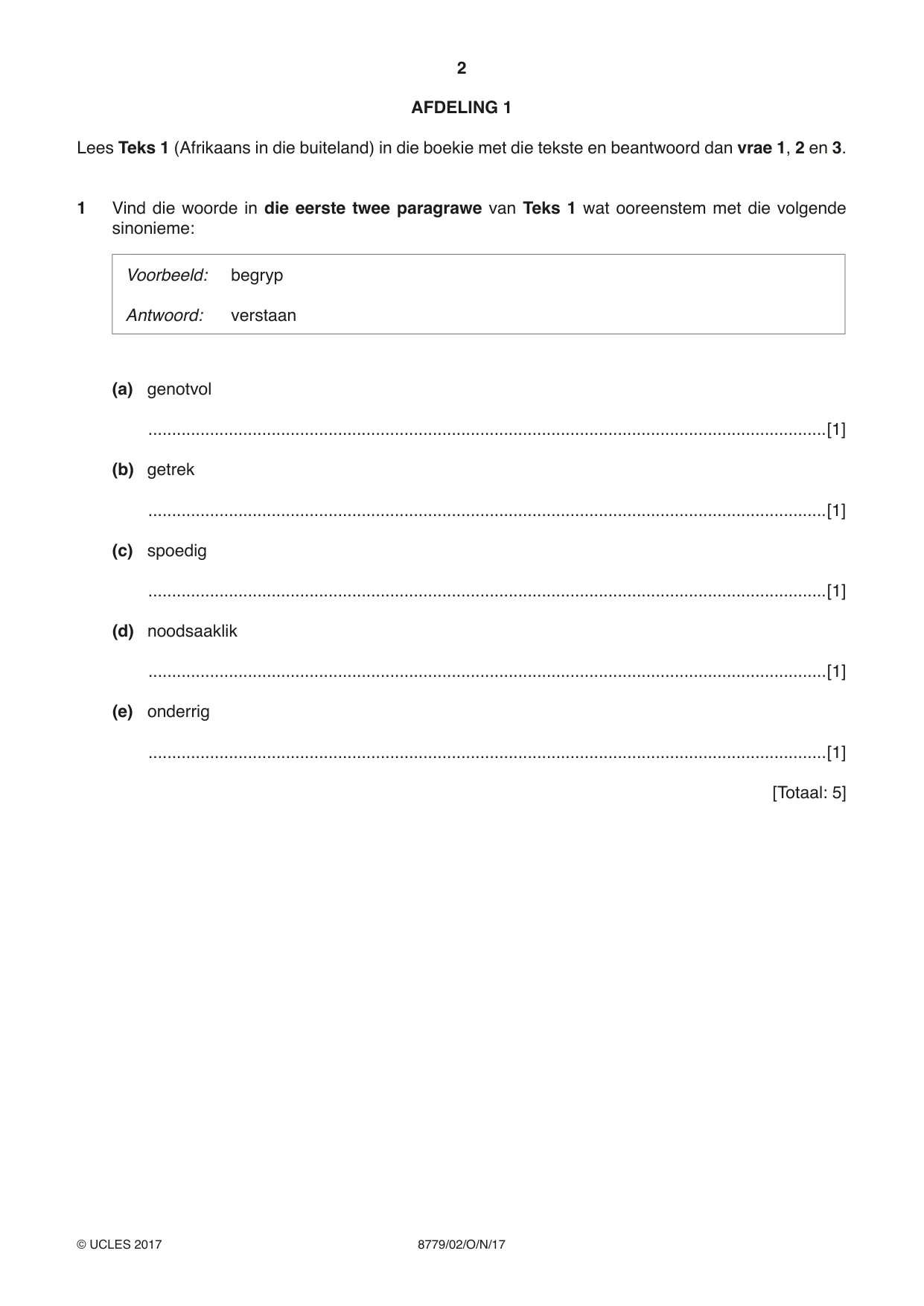 Cambridge A Level Afrikaans - First Language (AS Level only) 8779 2017 Oct/Nov Paper 2 · Variant 1 question paper, page 2 of 12