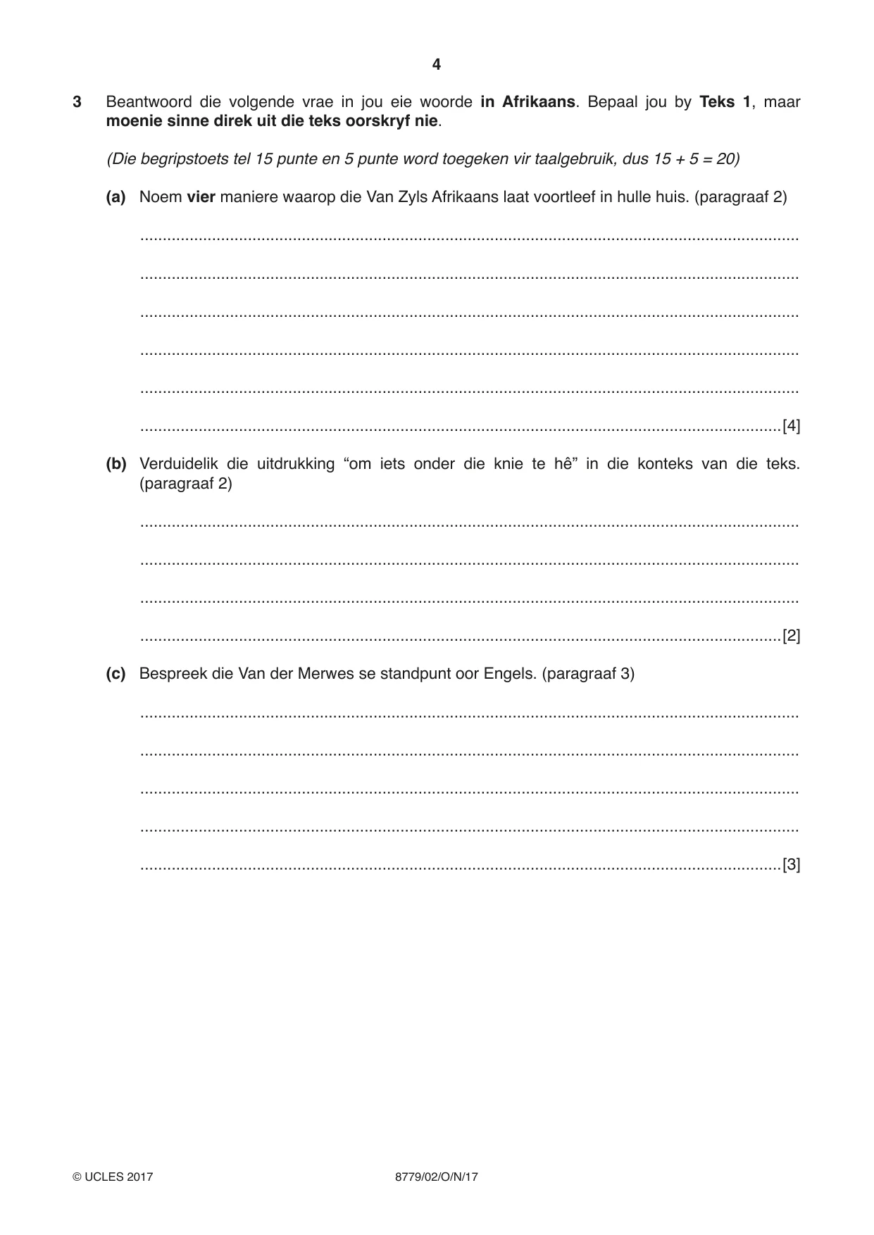 Cambridge A Level Afrikaans - First Language (AS Level only) 8779 2017 Oct/Nov Paper 2 · Variant 1 question paper, page 4 of 12