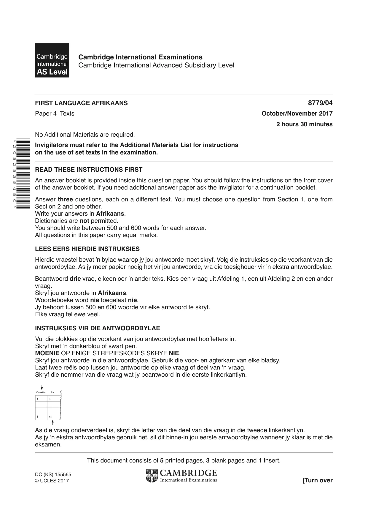Cambridge A Level Afrikaans - First Language (AS Level only) 8779 2017 Oct/Nov Paper 4 · Variant 1 question paper, page 1 of 8