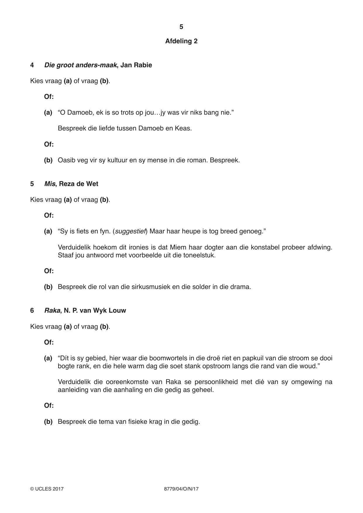 Cambridge A Level Afrikaans - First Language (AS Level only) 8779 2017 Oct/Nov Paper 4 · Variant 1 question paper, page 5 of 8