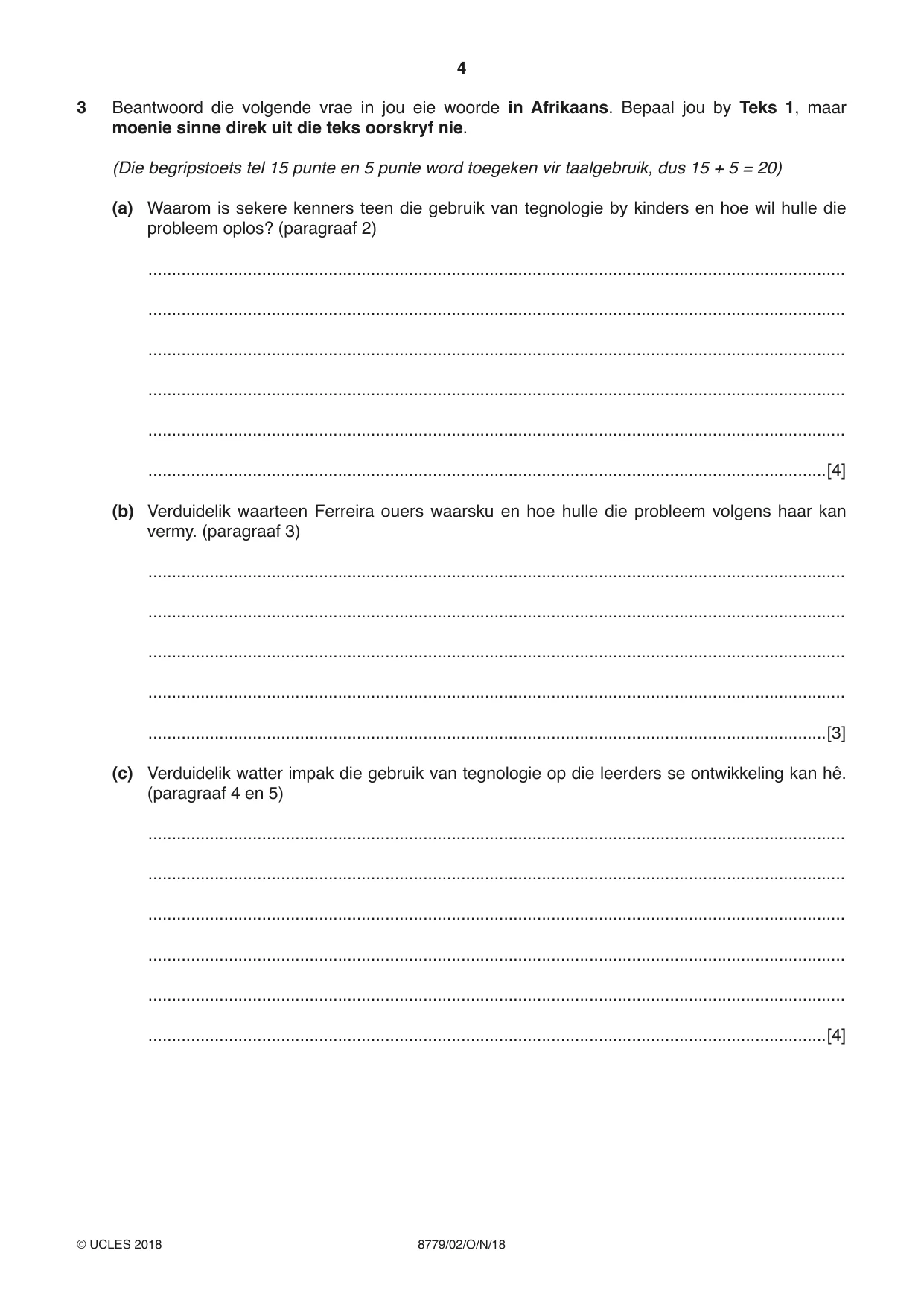 Cambridge A Level Afrikaans - First Language (AS Level only) 8779 2018 Oct/Nov Paper 2 · Variant 0 question paper, page 4 of 12