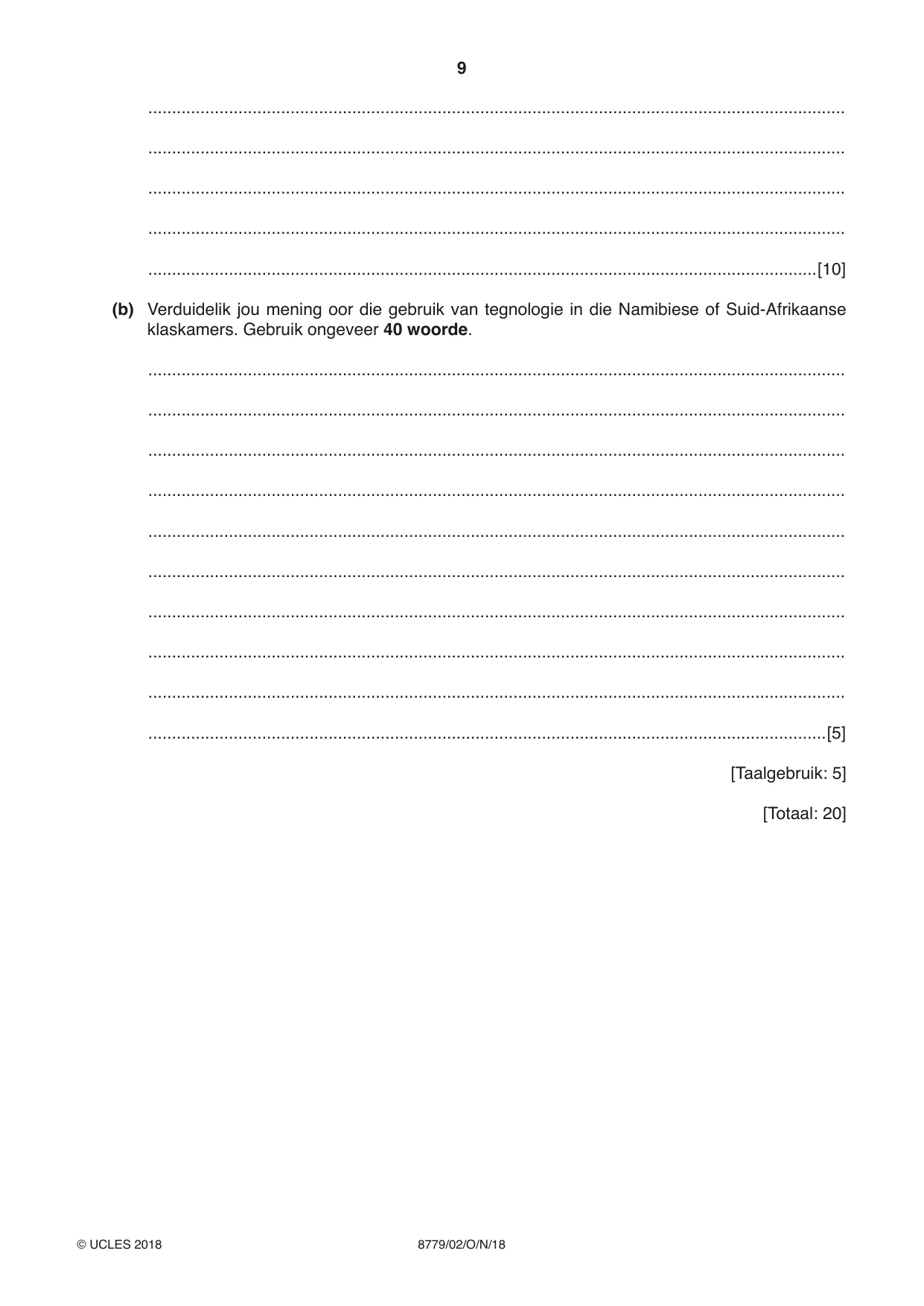 Cambridge A Level Afrikaans - First Language (AS Level only) 8779 2018 Oct/Nov Paper 2 · Variant 0 question paper, page 9 of 12