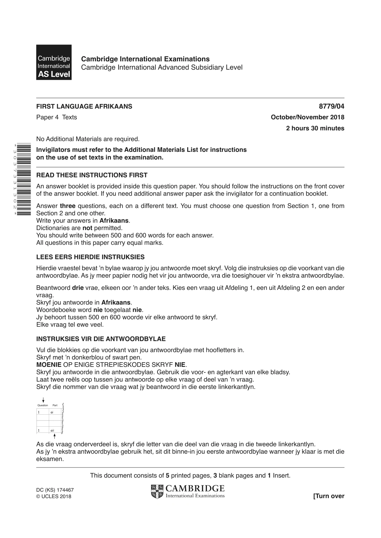 Cambridge A Level Afrikaans - First Language (AS Level only) 8779 2018 Oct/Nov Paper 4 · Variant 0 question paper, page 1 of 8