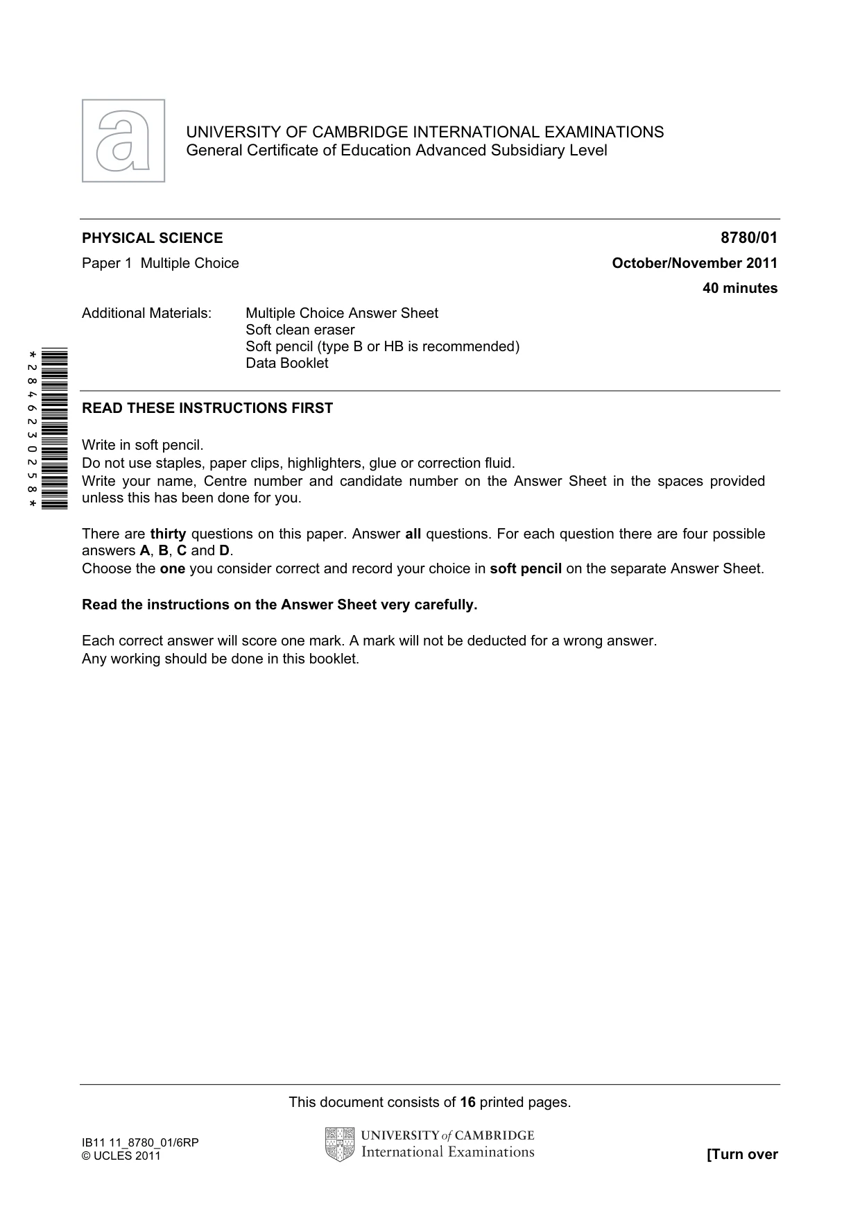 Cambridge A Level Physical Science 8780 2011 Oct/Nov Paper 1 · Variant 1 question paper, page 1 of 16