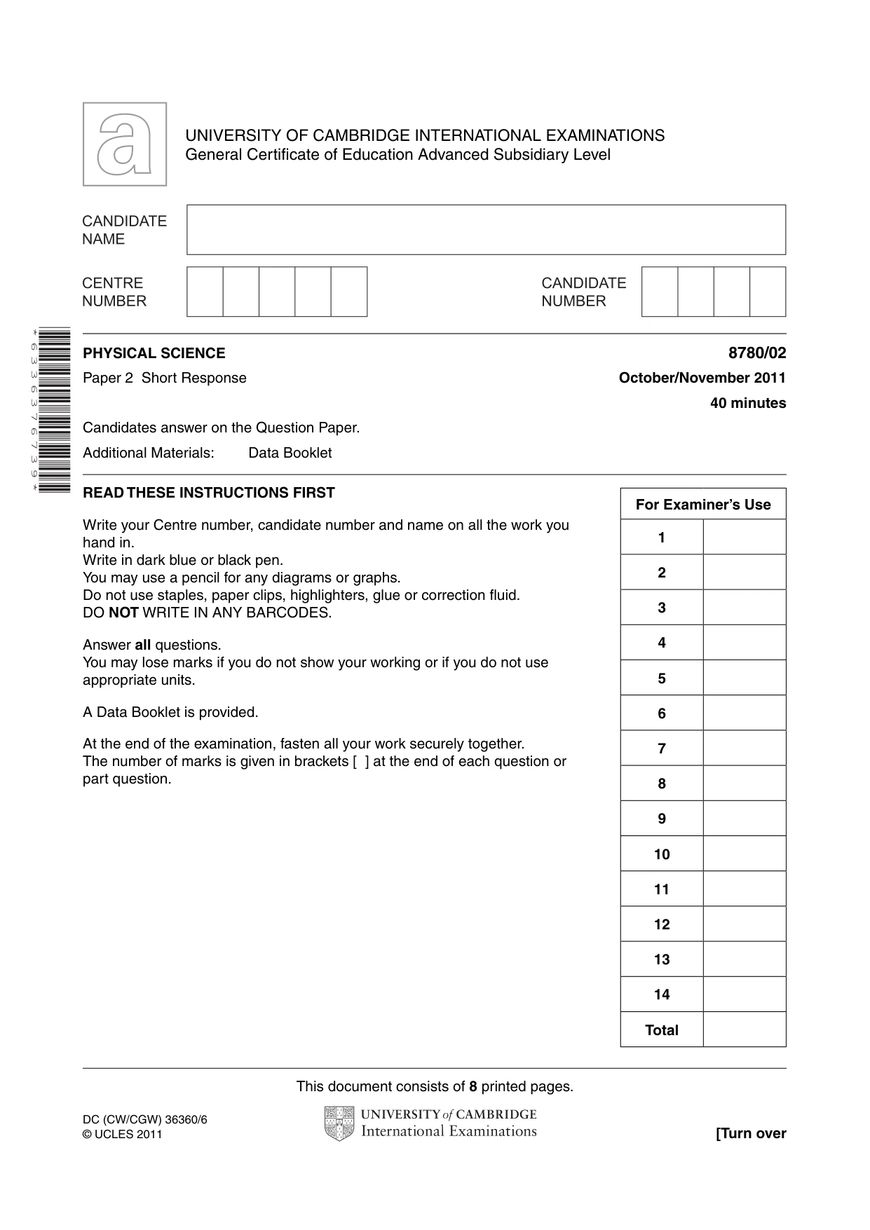 Cambridge A Level Physical Science 8780 2011 Oct/Nov Paper 2 · Variant 1 question paper, page 1 of 8