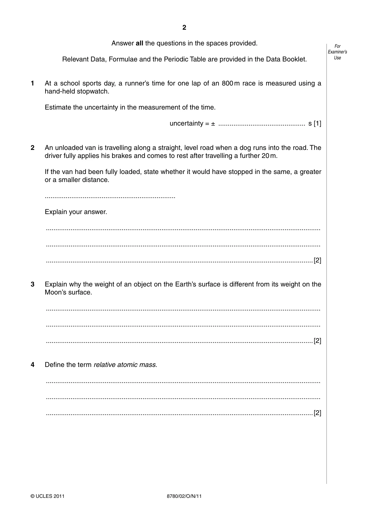 Cambridge A Level Physical Science 8780 2011 Oct/Nov Paper 2 · Variant 1 question paper, page 2 of 8