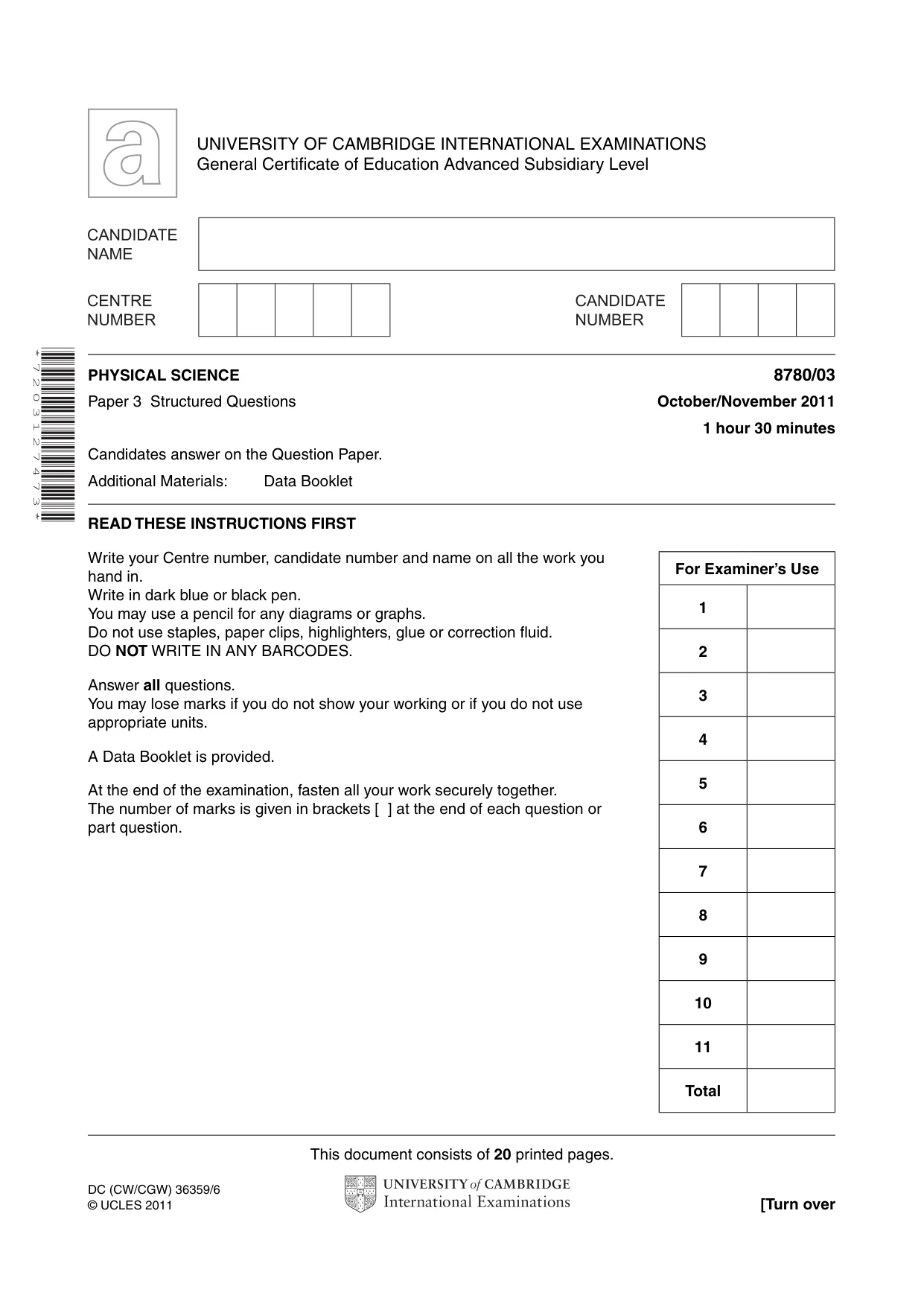 Cambridge A Level Physical Science 8780 2011 Oct/Nov Paper 3 · Variant 1 question paper, page 1 of 20