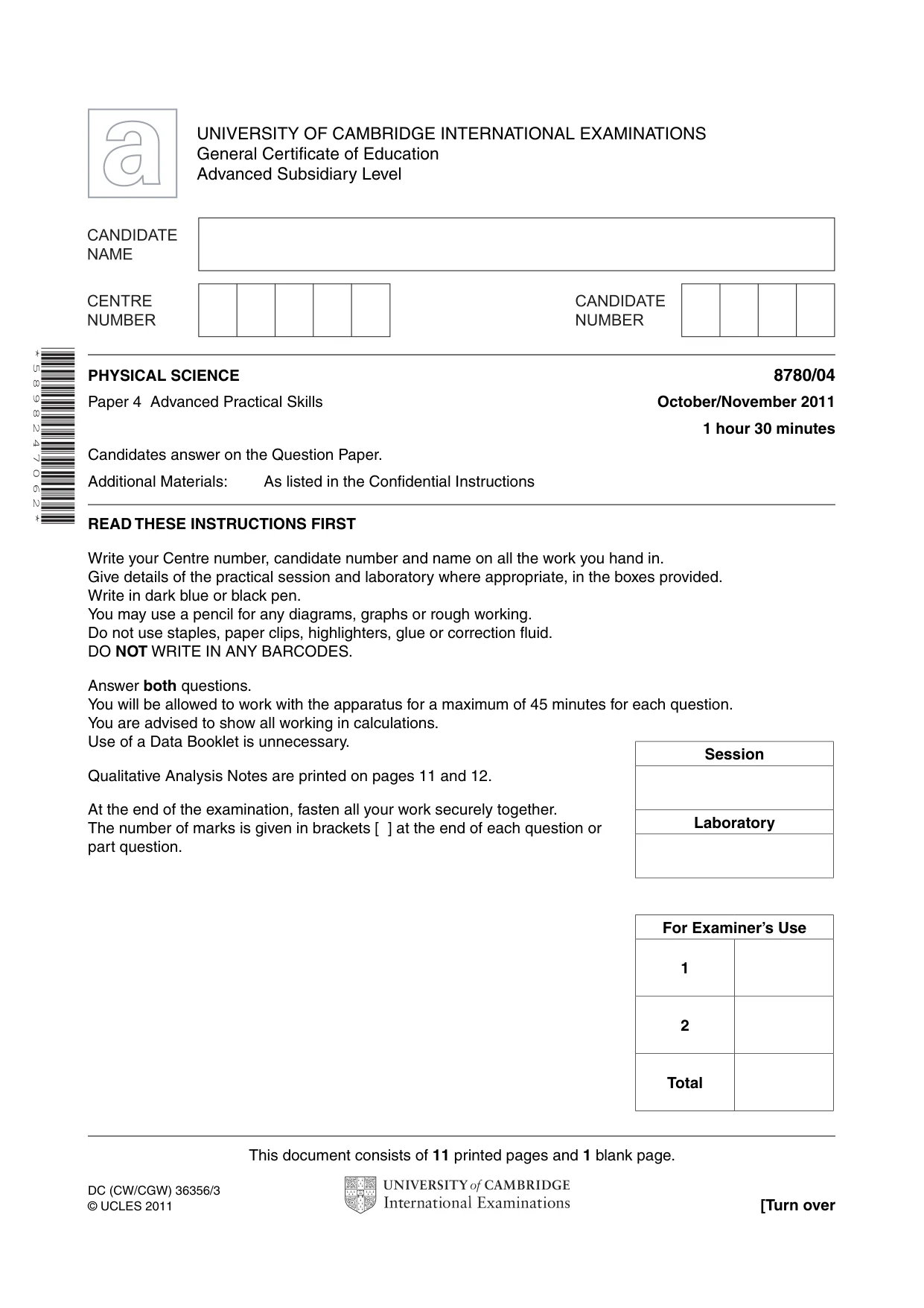 Cambridge A Level Physical Science 8780 2011 Oct/Nov Paper 4 · Variant 1 question paper, page 1 of 12
