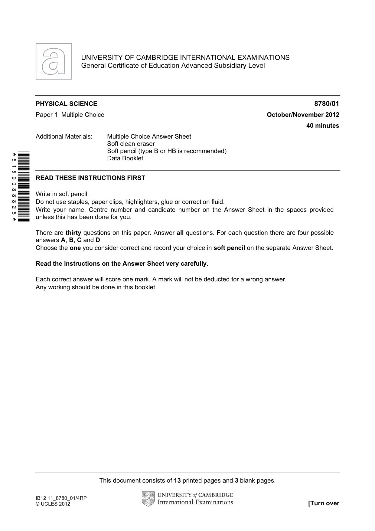 Cambridge A Level Physical Science 8780 2012 Oct/Nov Paper 1 · Variant 1 question paper, page 1 of 16