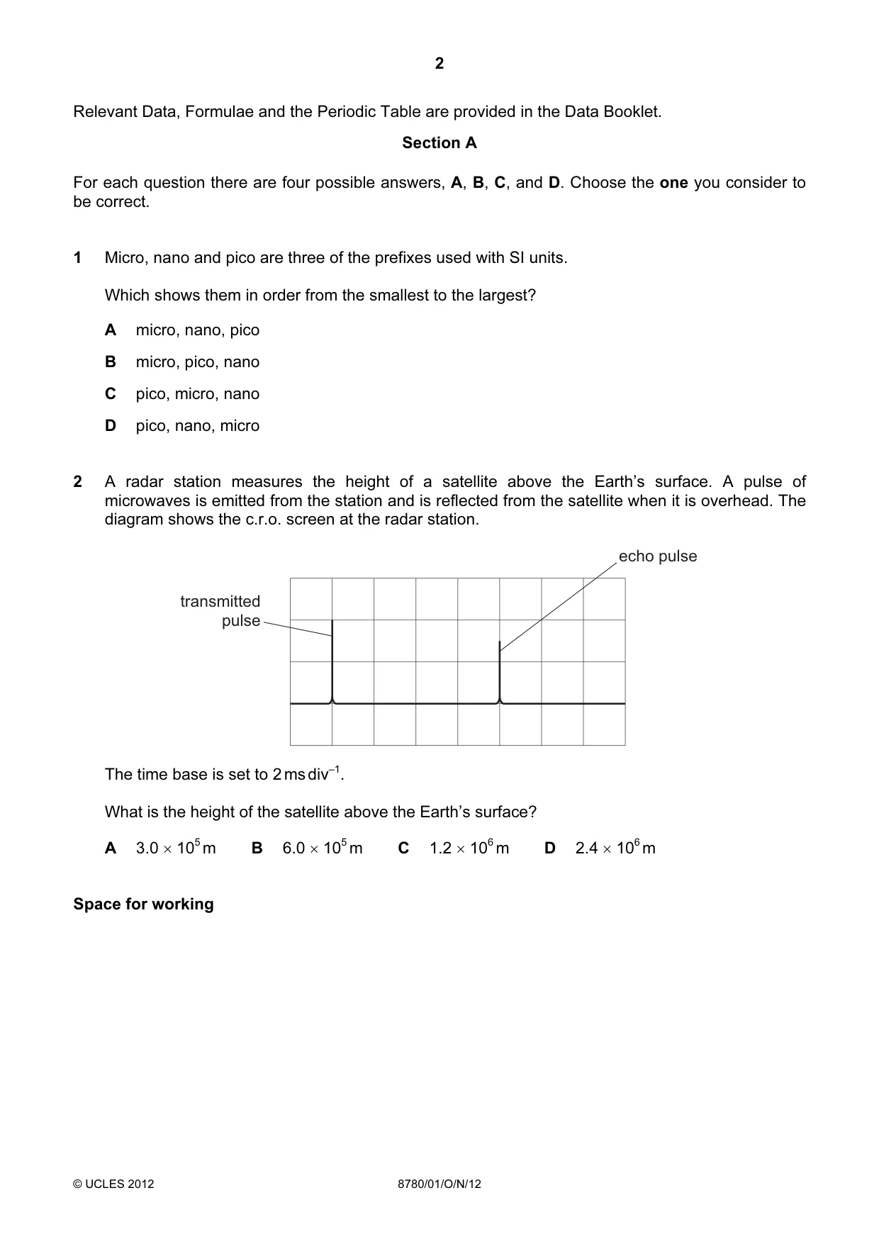 Cambridge A Level Physical Science 8780 2012 Oct/Nov Paper 1 · Variant 1 question paper, page 2 of 16
