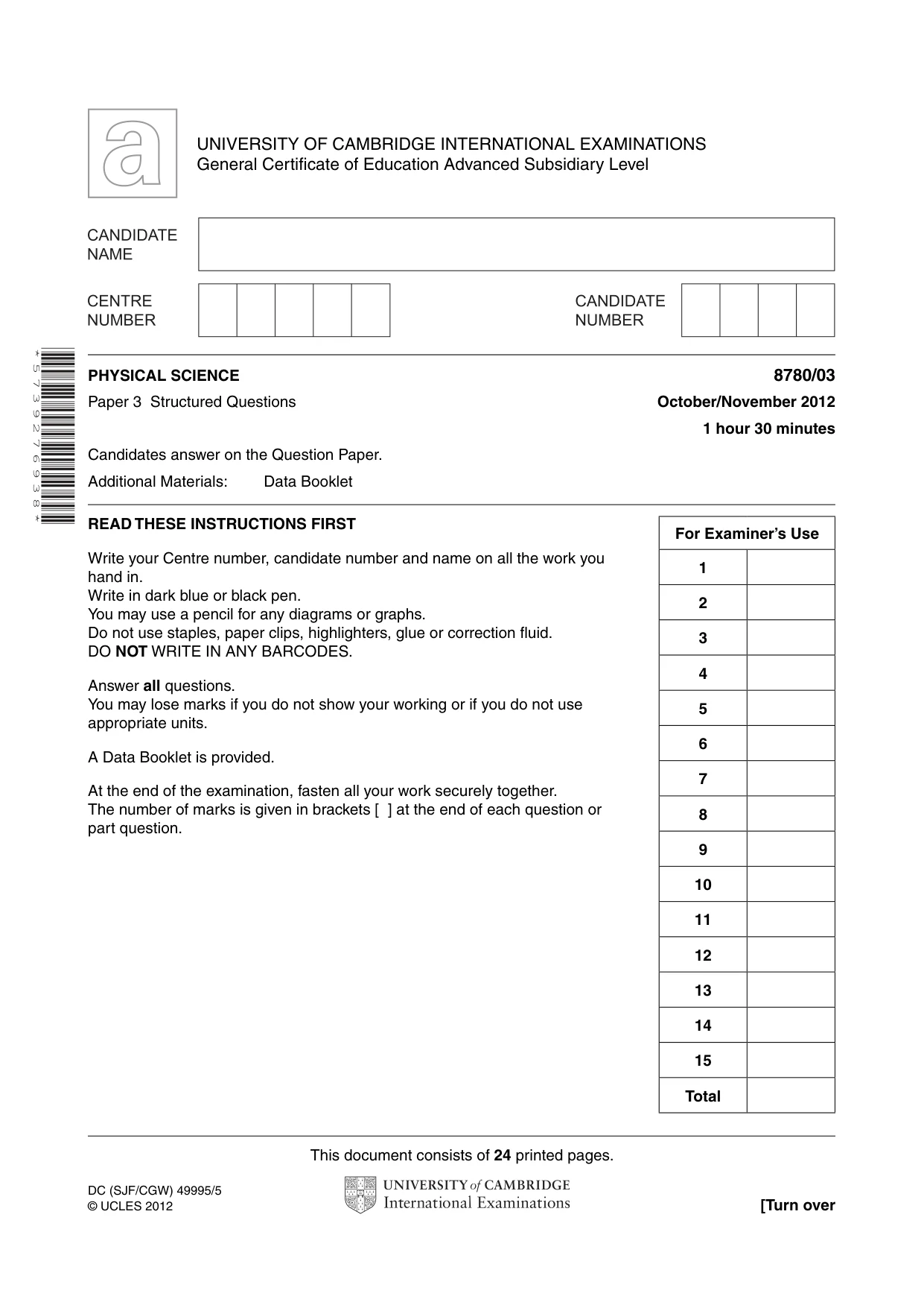 Cambridge A Level Physical Science 8780 2012 Oct/Nov Paper 3 · Variant 1 question paper, page 1 of 24