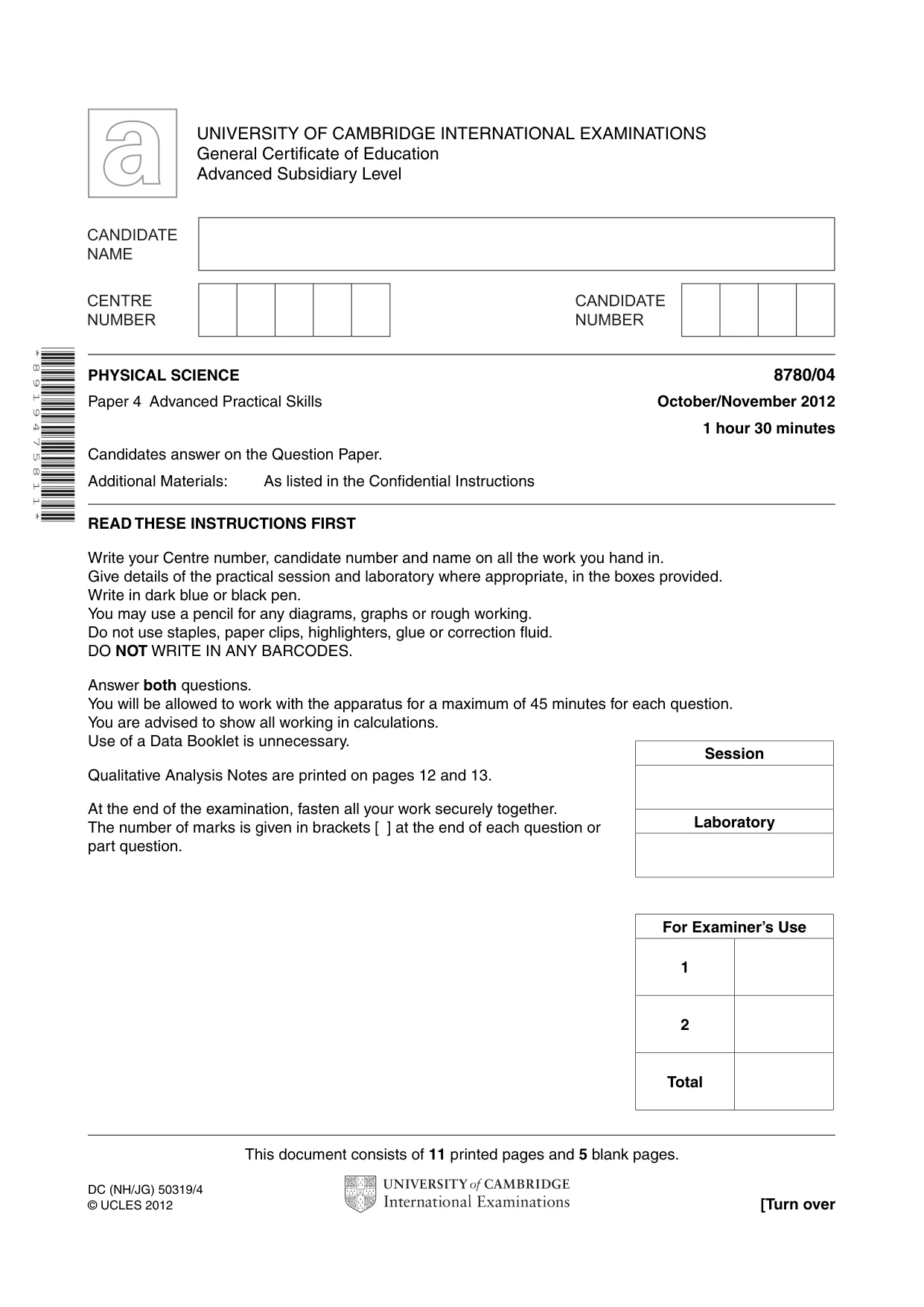 Cambridge A Level Physical Science 8780 2012 Oct/Nov Paper 4 · Variant 1 question paper, page 1 of 16